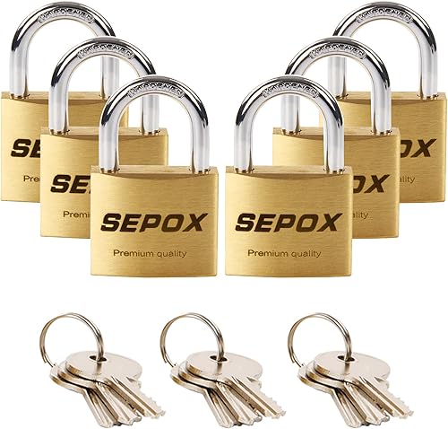 SEPOX Preminum - Juego de 6 candados resistentes con la misma llave, cuerpo de latón macizo de 1-916 pulgadas, grillete endurecido, máxima seguridad