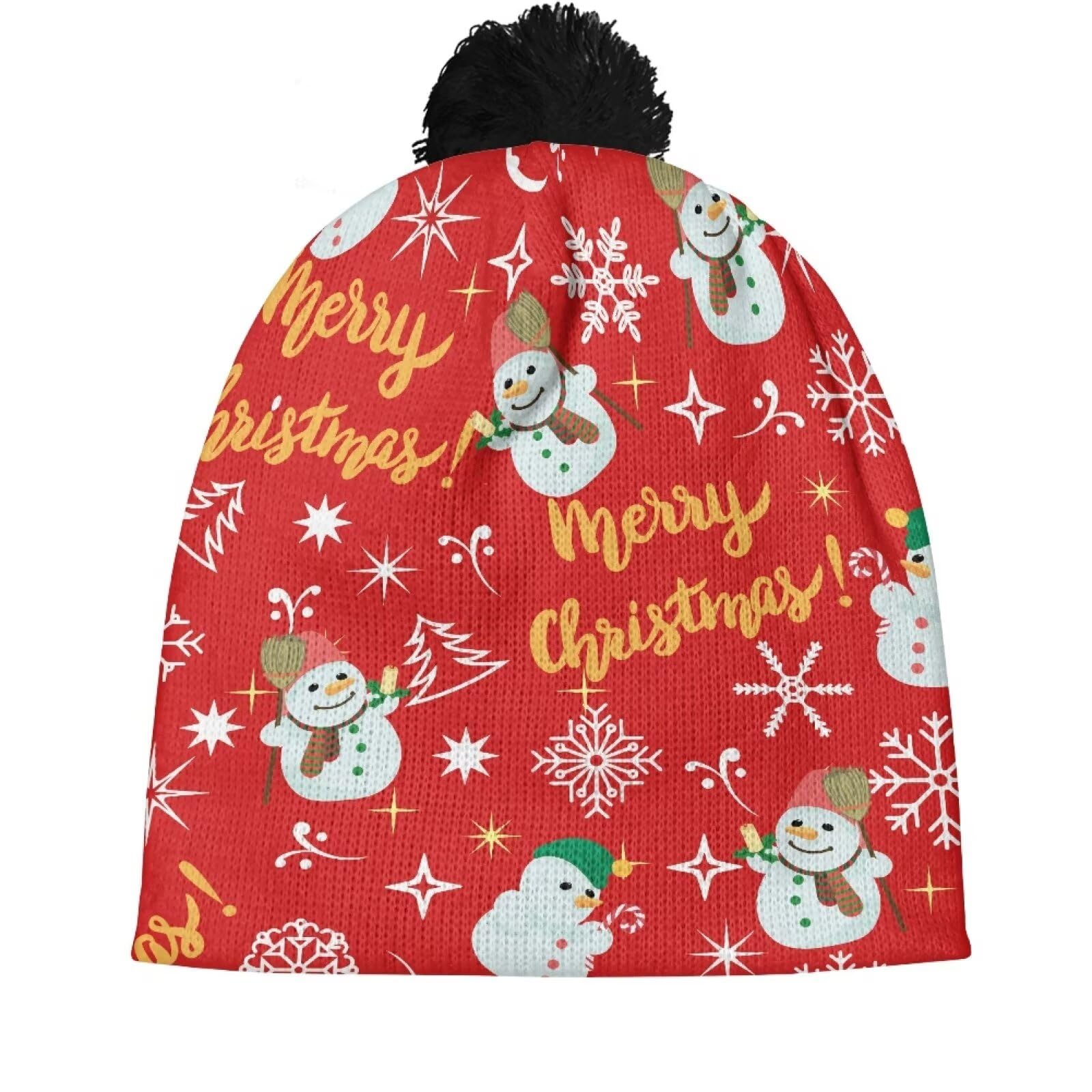 Hechitok Christmas Snowman Beanie Hat Knit Winter Hats for Girls Boys, Slouchy Beanies Cuffed Skull Cap Warm Ski Hat for School Office Home Outdoors, Black Ball