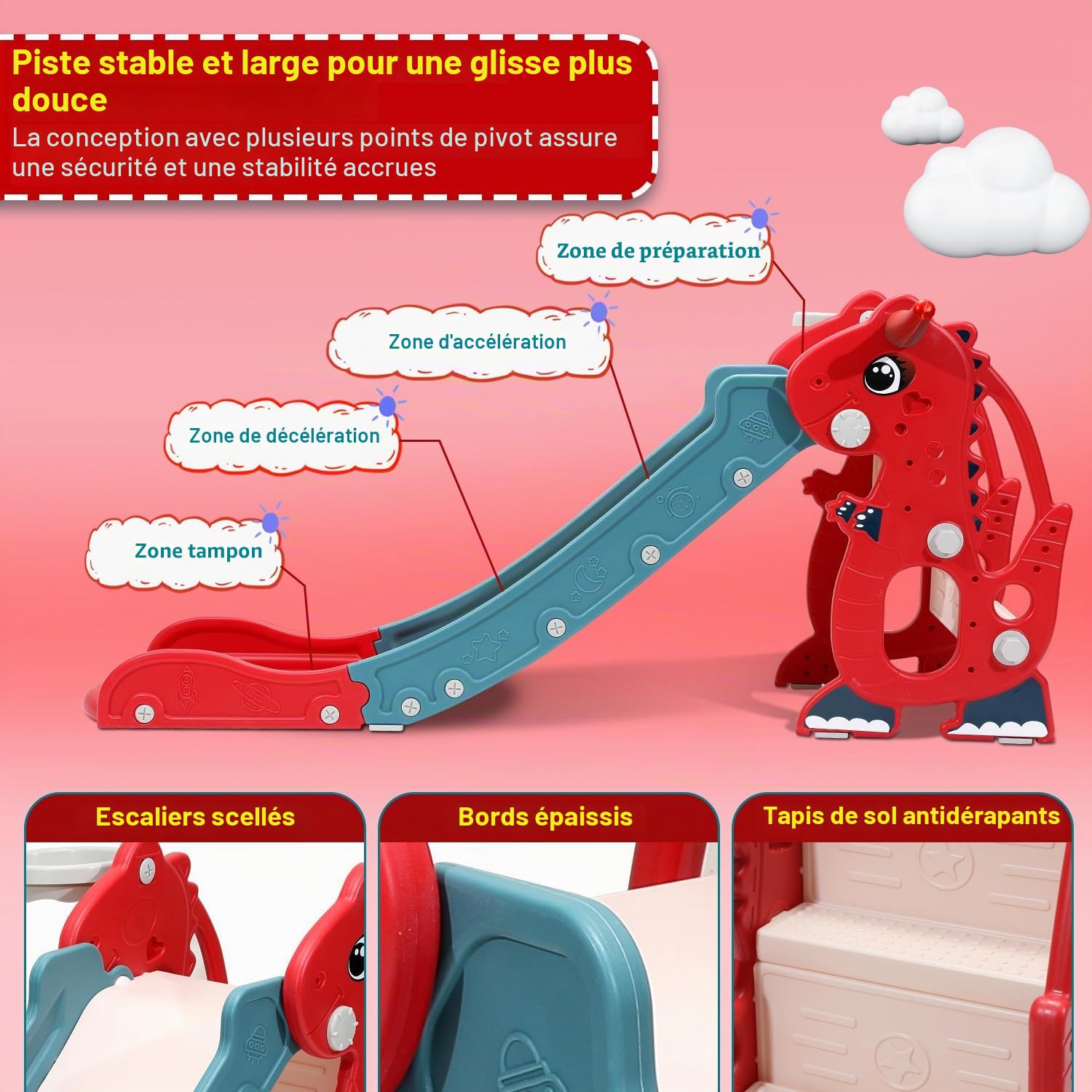 Toboggan 4 en 1 pour enfant d'intérieur avec panier de basket-ball et machine d'apprentissage, toboggan pour enfants intérieur et extérieur, 145 x 38 x 67 cm, jusqu'à 35 kg, rouge