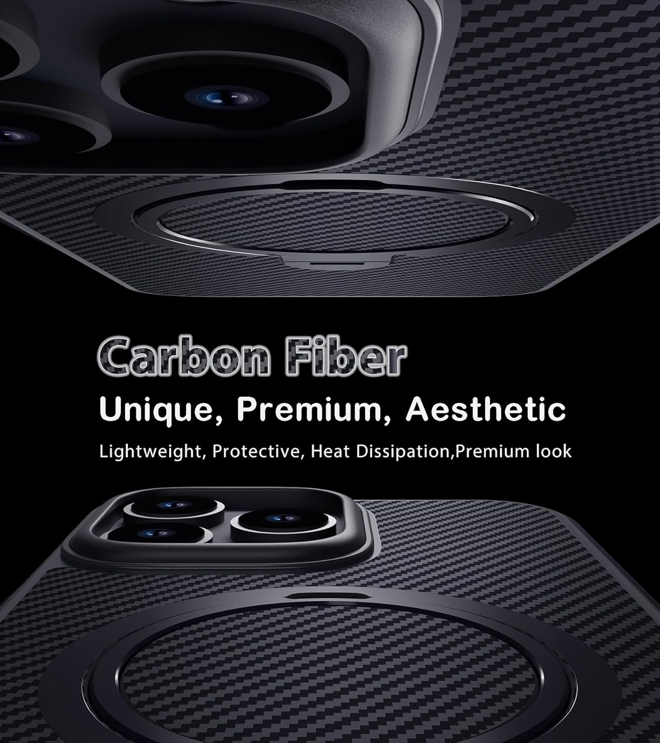 for iPhone 16 Pro Max Case, Compatible with MagSafe [360° Magnetic Ring Stand] Protective Carbon Fiber Cover for iPhone 16 Pro Max - Shockproof, Camera Protection, Anti-Scratch Back, Black