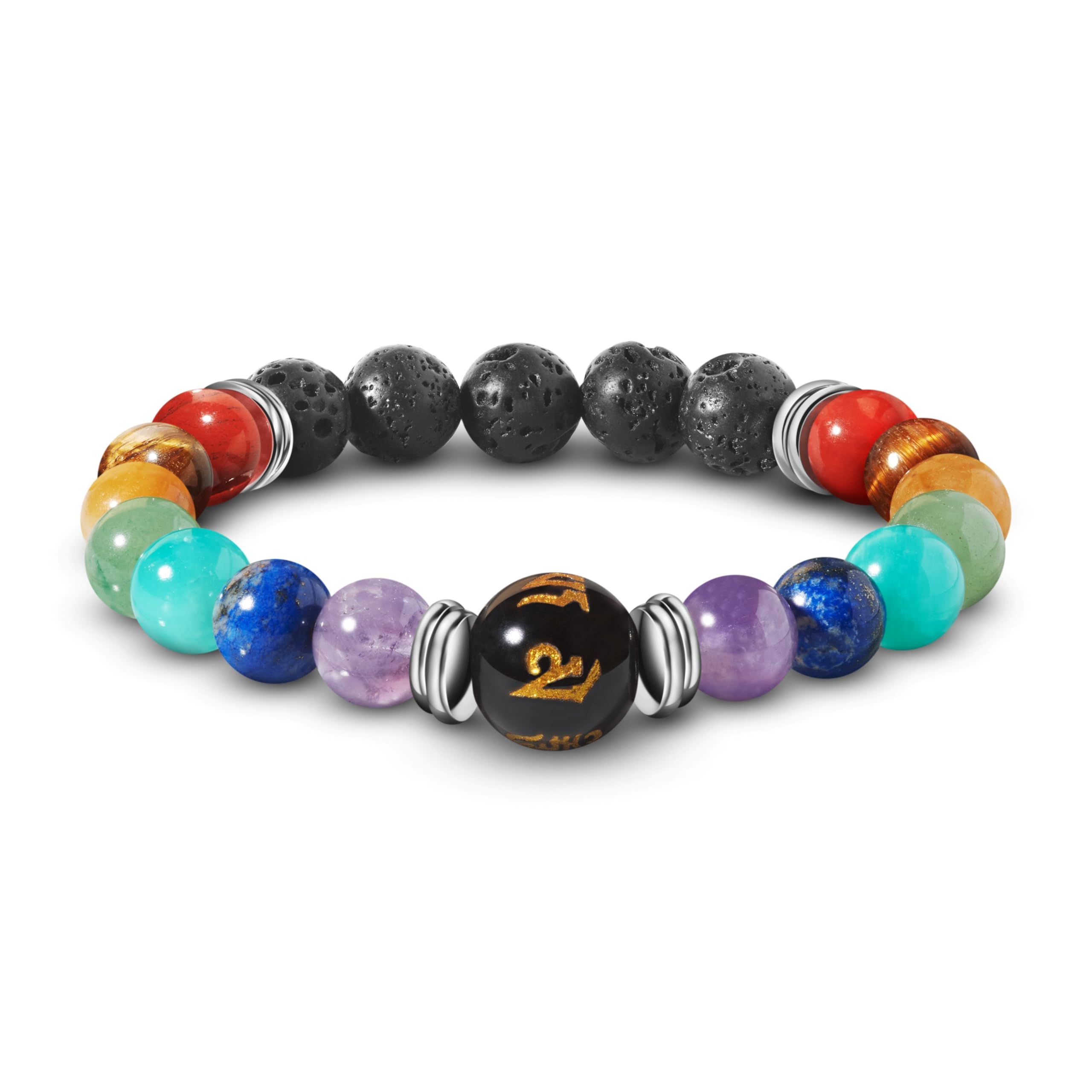 PURAJA Bracciale 7 Chakra In Pietre Naturali Autentiche Con Perle Di Pietra Lavica - Armonia Ed Equilibrio