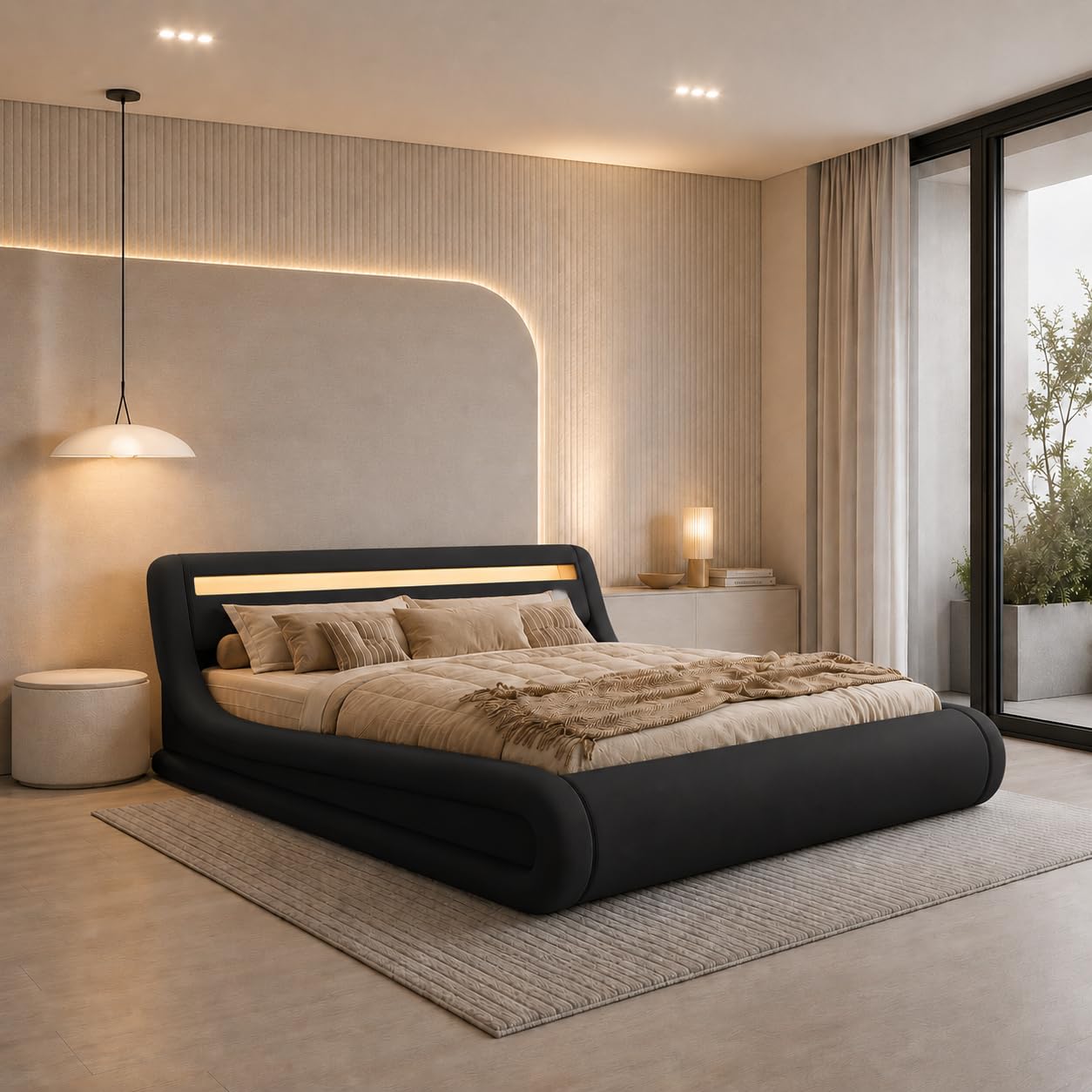 MB Muebles Bonitos | Cama de Matrimonio Rodas para Colchón de 150x190 cm | Luz LED | Canapé Abatible | Somier de Láminas | Estructura de Madera tapizada en Polipiel | Color Negro