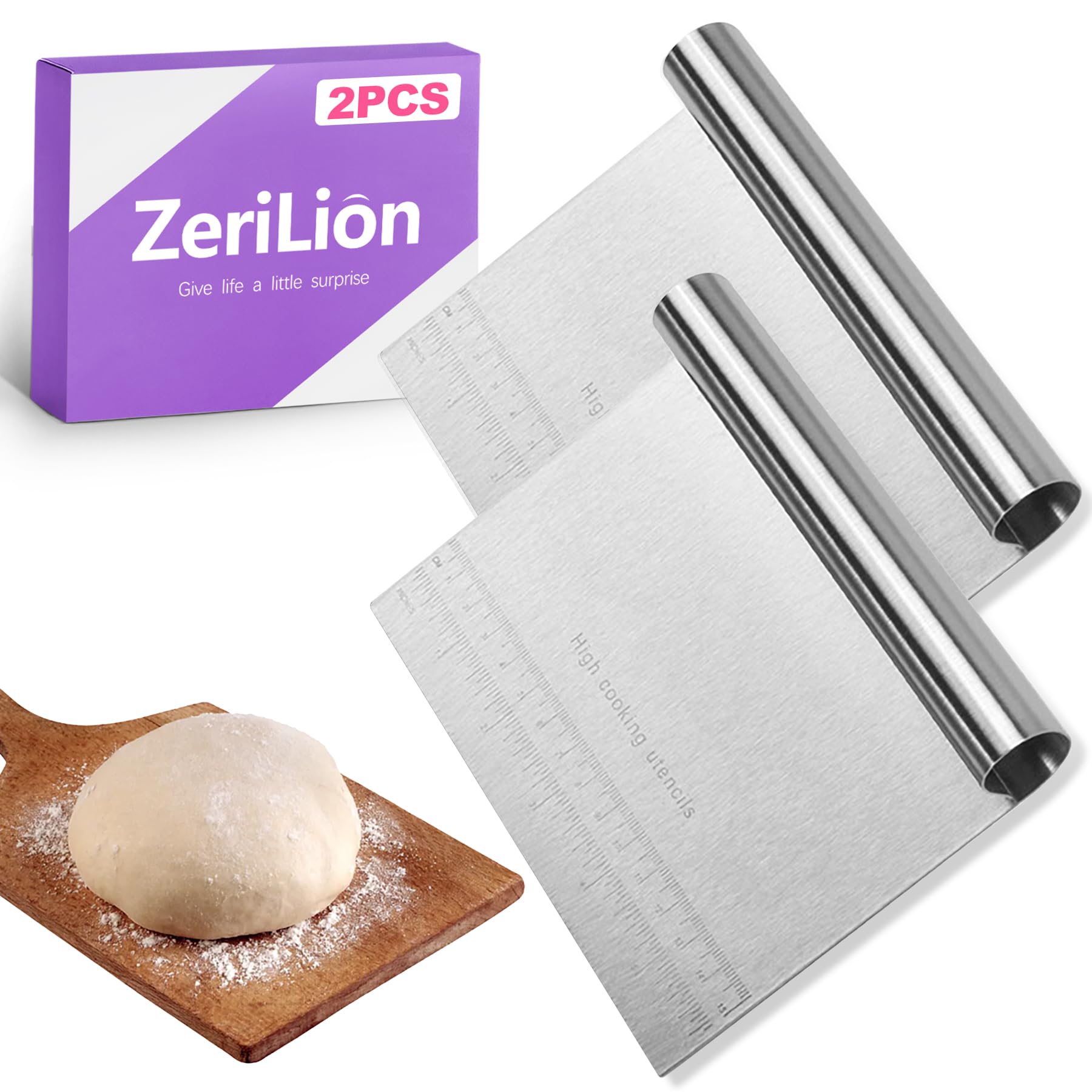 2 Pack Stainless Steel Dough Cutter Scraper Set - Bench Scraper &amp; Pastry Knife with Measuring Marks - Bread Dough Baking Professional Kitchen Tool