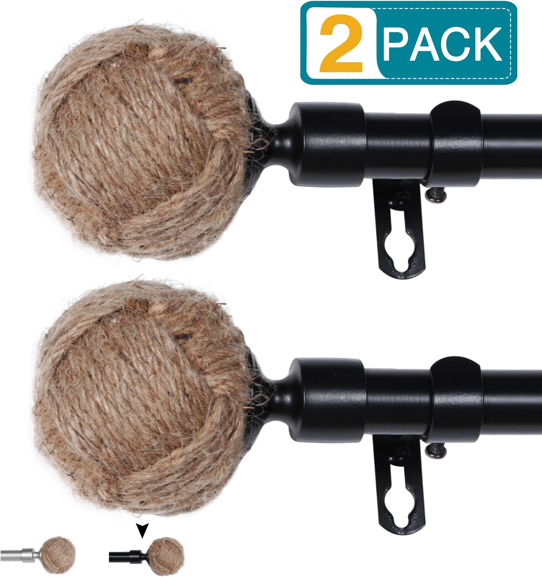 PrimeBeau Single Window Treatment Rod Kit in Brushed Antique Black with Rope Knot Finial Adjustable Curtain Rod, 28 to 48 inch, 3/4 -Inch Diameter Decorative Window Rod Set in Antique Black (2 Pack)