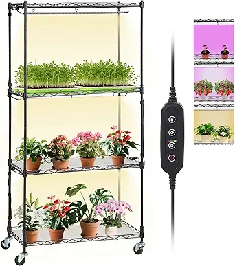 VEVOR Plant Stand with Grow Light, 4-Tier Plant Shelf with 45W Full Spectrum LED, 3 Mode Plant Light with Timer and Wheel for Seed Starting, Metal Plant Rack for Indoor Plants