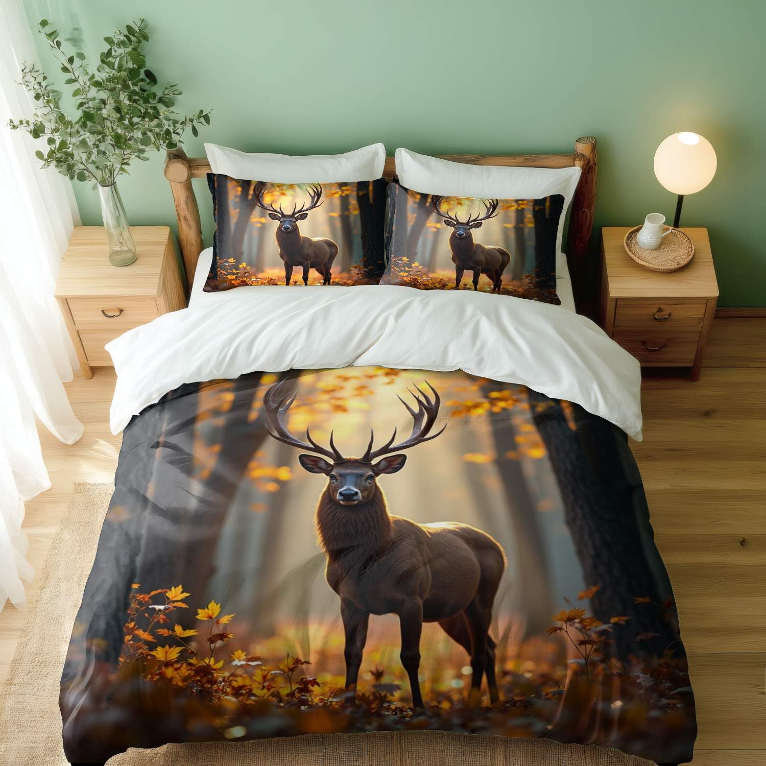 Housse de couette cerf majestueux 3D aux finitions d'automne dorées