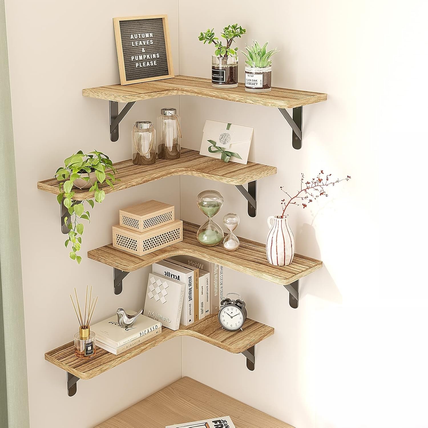 Tomnk Corner Floating Shelves Set of 5, Rustic Wood Wall Mounted Corner Shelf for Bathroom, Kitchen, Bedroom, Home Decor, Laundry Room, Living Room(Carbonized Black)