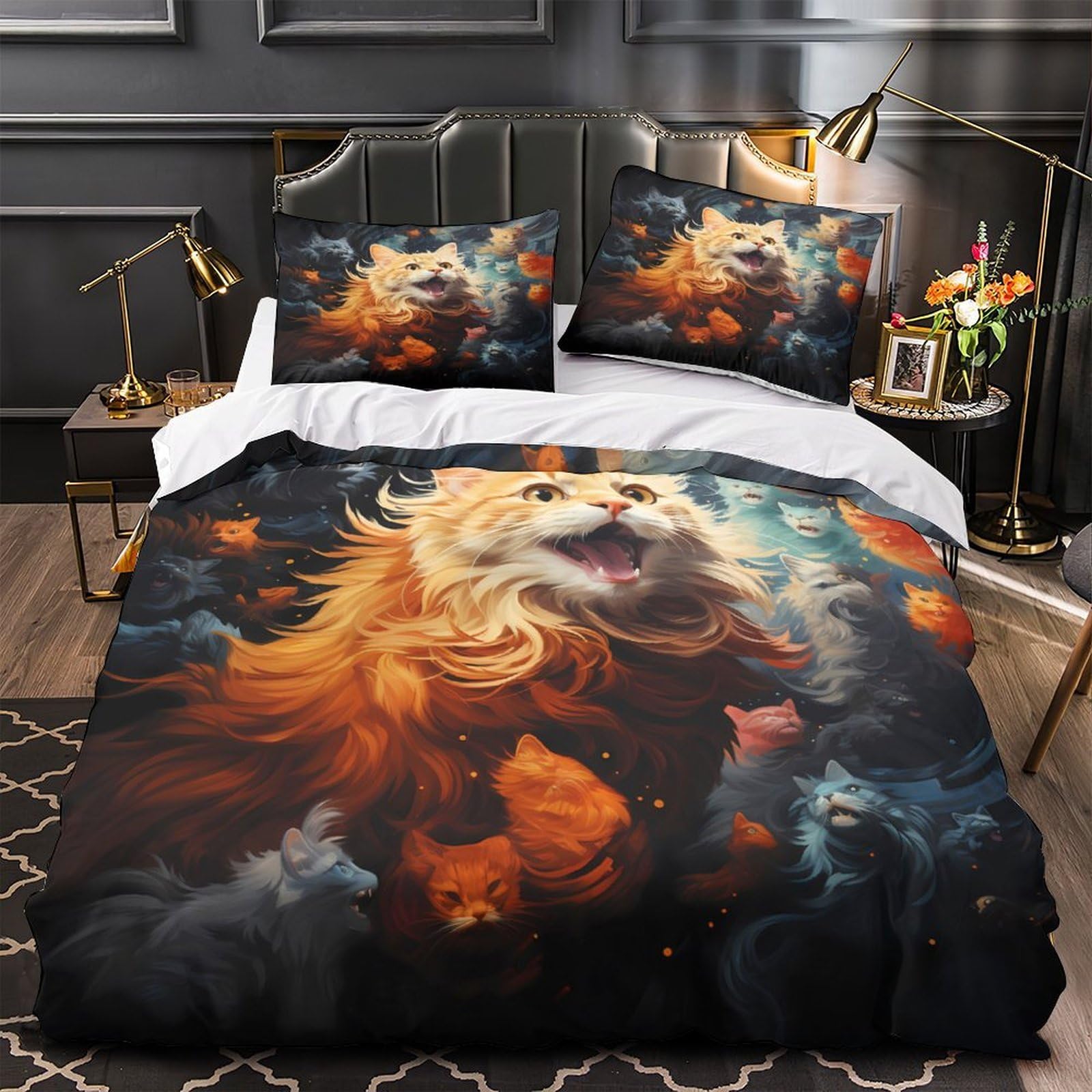 Drap de couette chat féroce 3D 140x200cm en microfibre avec 2 taies d'oreiller