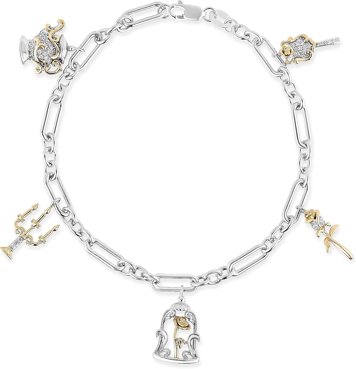 Jewelili Enchanted Disney Fine Jewelry Sterling Silver and 10K Yellow Gold 1/6 Cttw Natural White Round Diamond Belle 30th Charm Bracelet
