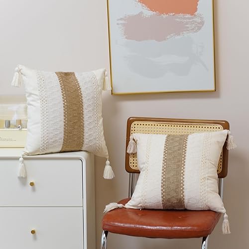 Miniatura 9 de Juego de 2 fundas de almohada bohemias de 18 x 18 pulgadas, fundas de almohada neutras de color beige y marrón con borlas texturizadas a rayas,