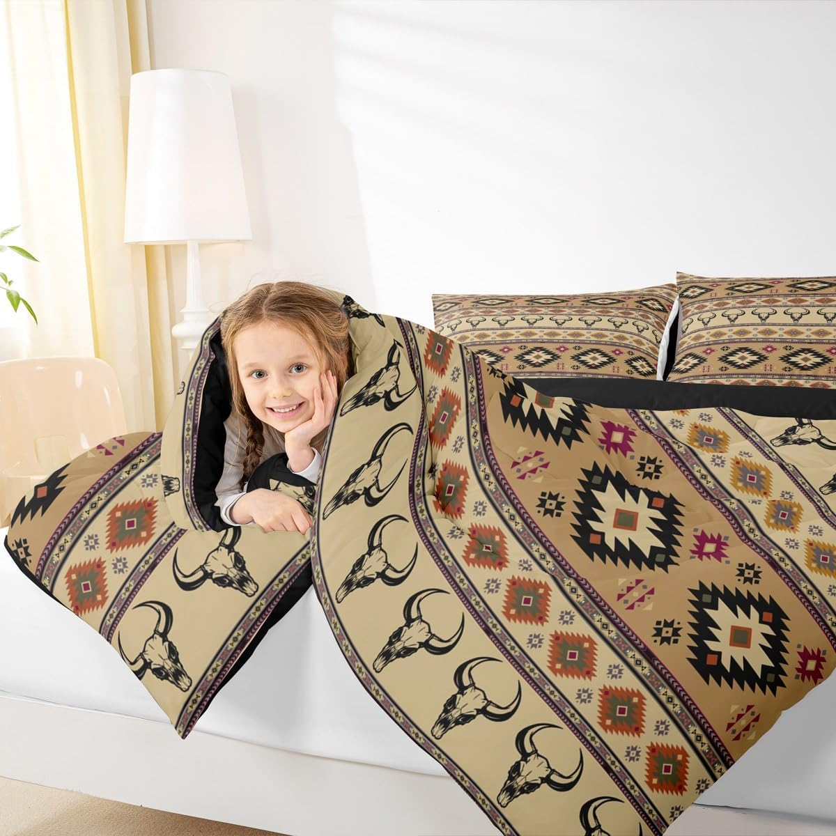 Feelyou Kids Western Bull Skull Comforter King Size, Southwestern Aztec Comforter Set Men Women Boho Tribal Bedding Set Ethnic Bohemian Rustic Country Teens Duvet Set Bedroom Decor 3Pcs