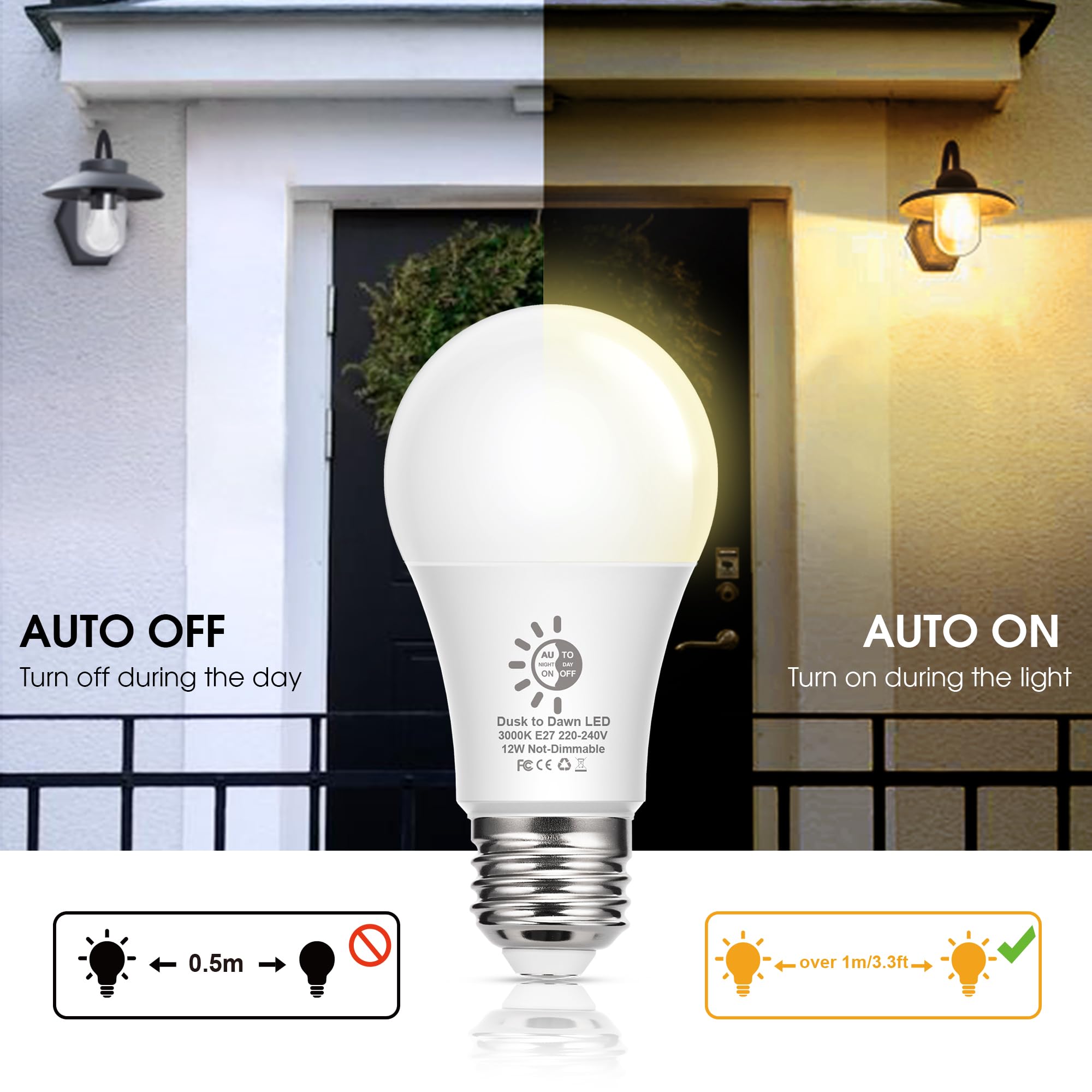 Flaspar 100W Dusk to Dawn LED Light Bulb, 12W E27 Light Sensor LED Bulbs, Warm White 3000K - Image 2