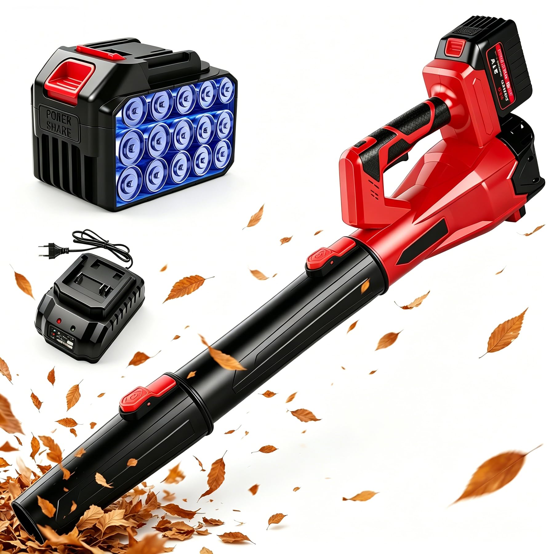 Soplador de Hojas Bateria 21V, Motor 6 Velocidades 21000RPM 200Km/h 500W, con Batería, Sopladora de Aire Jardín Alta Potencia para Hojas, Polvo y Nieve