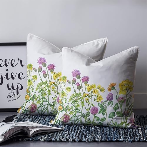 Miniatura 2 de QueenKer Juego de 2 fundas de almohada de 16 x 16 pulgadas, margaritas amarillas y moradas, flores de verano, cuadradas, fundas decorativas para