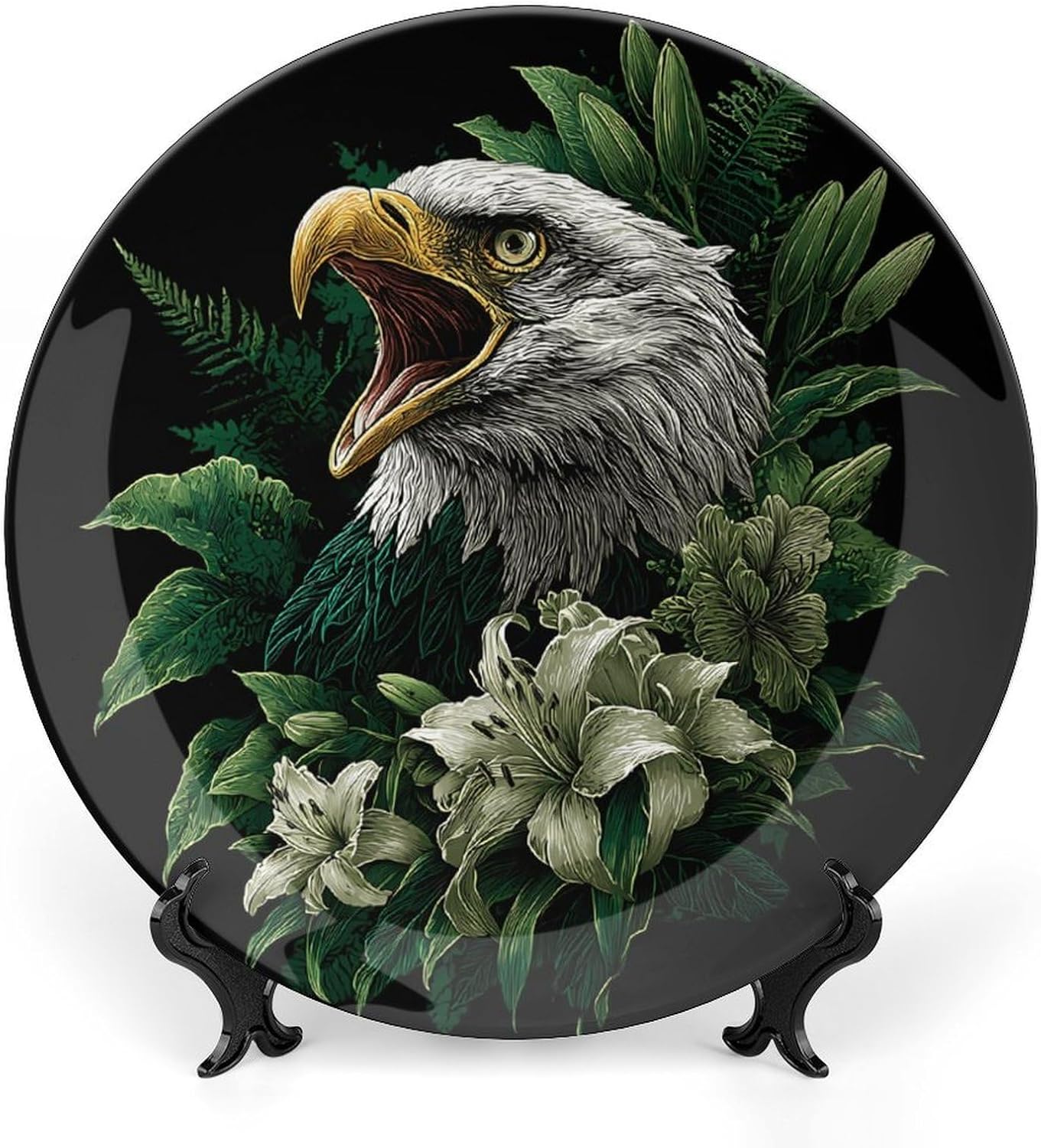 Roaring Eagle1 Green Lily Flowers Decorative Plates for Display Ceramic Plate Tray with Stand Hanger Home Decor