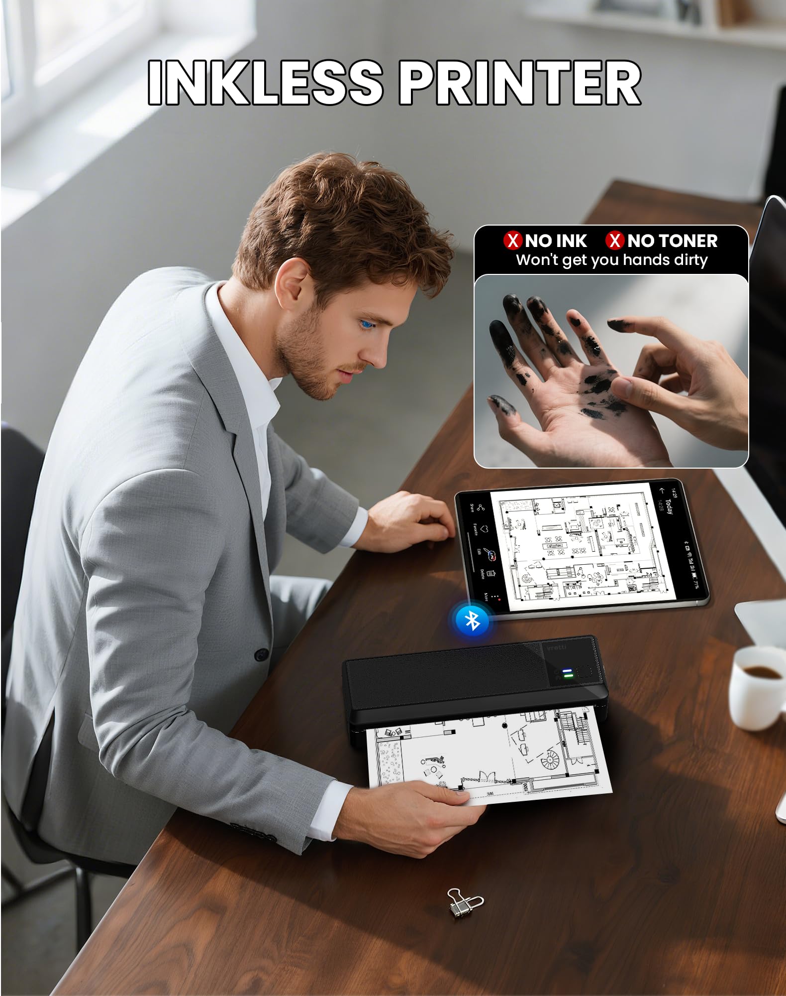 vretti P83 Stampante Portatile A4, Stampante Termica Portatile, Compatibile con iPhone/PC/USB, iOS/Android via Wireless Bluetooth, Stampa Contratti/Ricevute/Documenti, Supporta Carta Termica A4, Nero