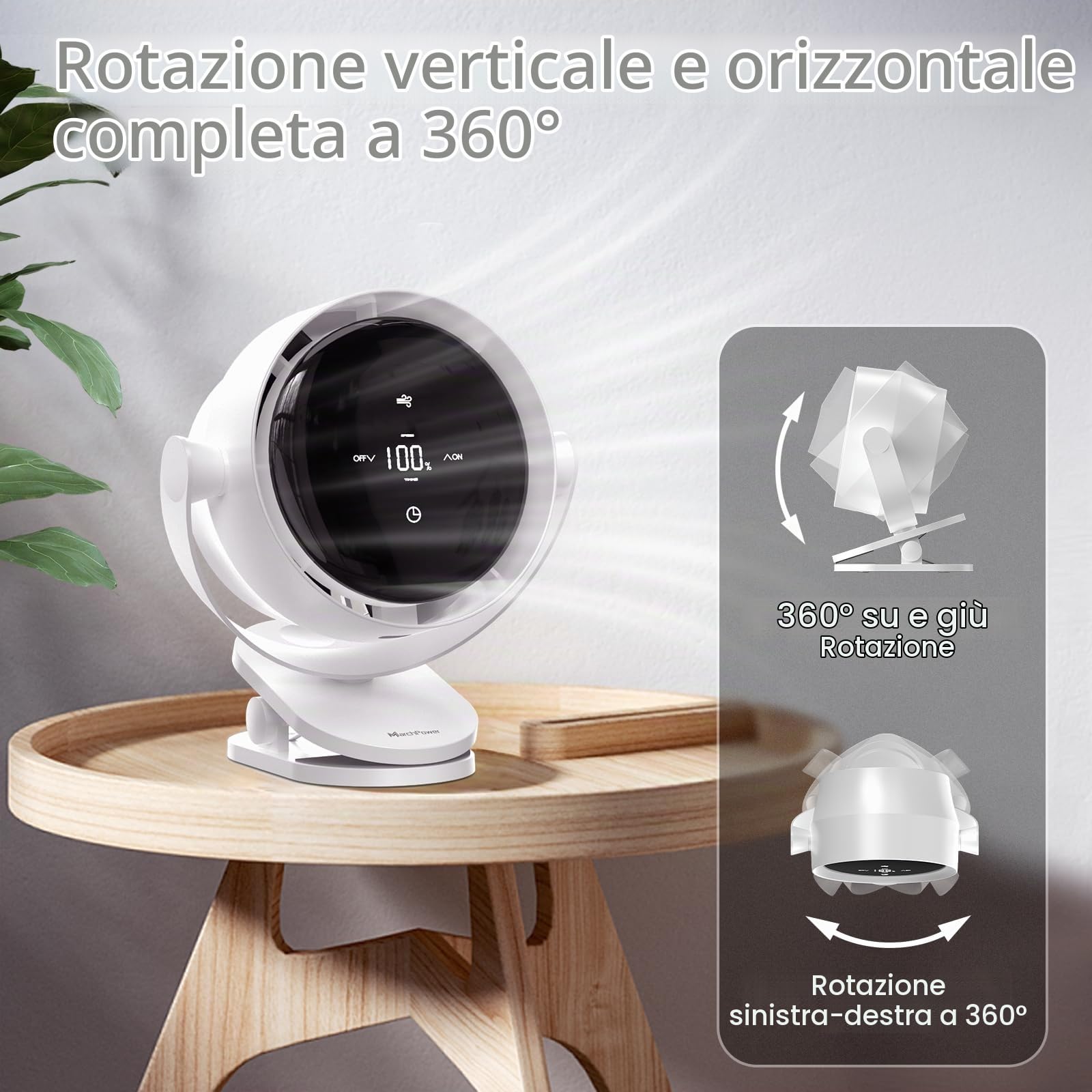 Marchpower Ventilatore da tavolo, 4 in 1 Mini Ventilatore Portatile con Clip, USB Silenzioso con Regolazione a 100 Velocità 4000mAh, Girevole a 360° Soffia a 720° con Timer per Interno ed Esterno