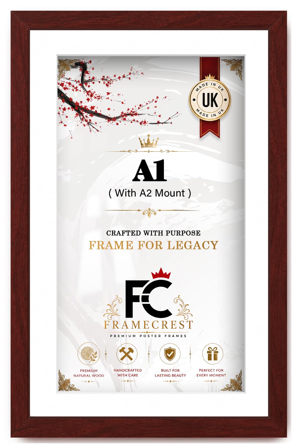 FRAMECREST LTD A1 MDF Wood Picture Frame with A2 Mount - Premium Perspex & Wall Hanging Kit - Modern Gallery Style Poster Frame for Portrait or Landscape Display - [Mahogany]