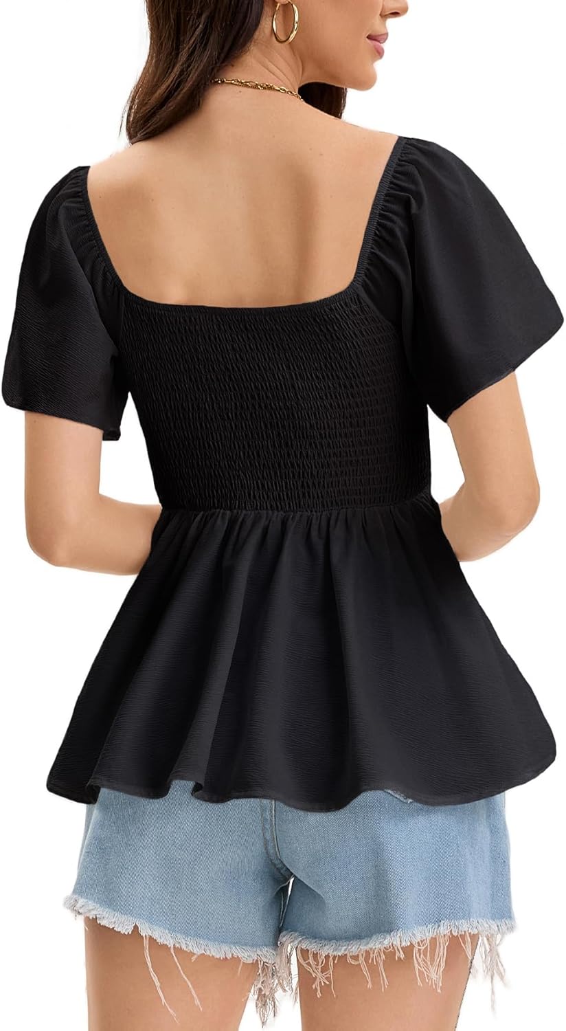 Women's Summer Peplum Tops Square Neck Ruffle Trim Short Sleeve Blouse Top Dressy Casual Shirts - Image 5