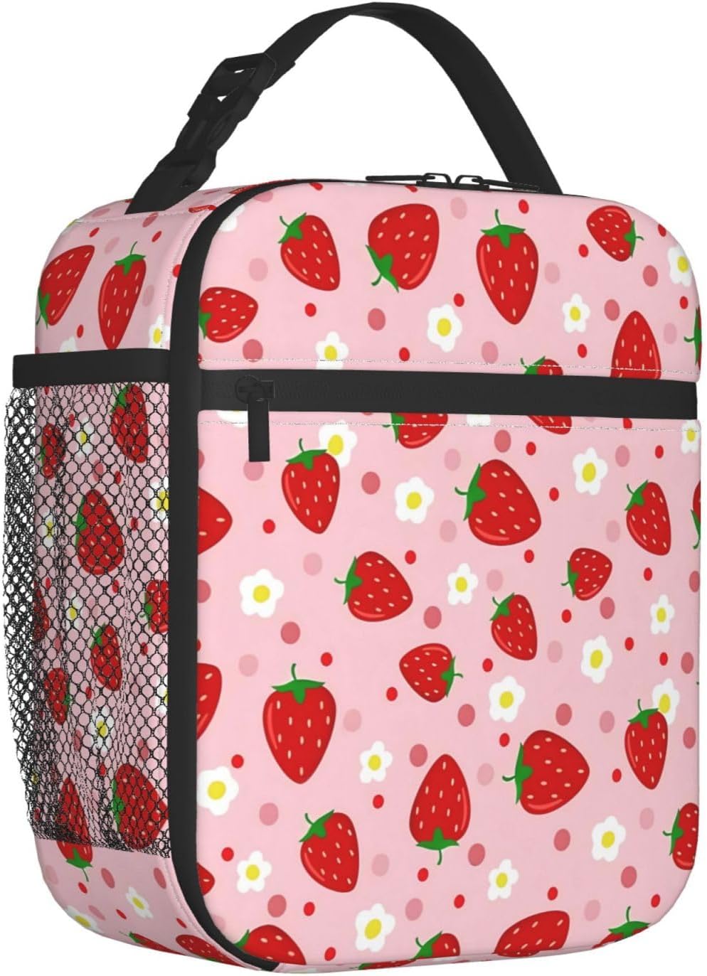 Lunch Bag Pink Strawberry Insulated Lunch Box Women with Shoulder Strap, Thermal Reusable Work Lunch Cooler bag image 2