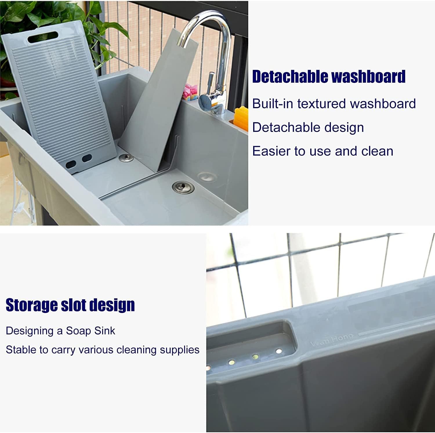 CYRUX Stainless steel kitchen sink,Laundry Tub Utility Sink Wash Basin, Freestanding Wash Station with Washboard, Faucet kit, Laundry Pool Bathroom Cleaning Basin Slop Vessel Sink, for Gard, Gray