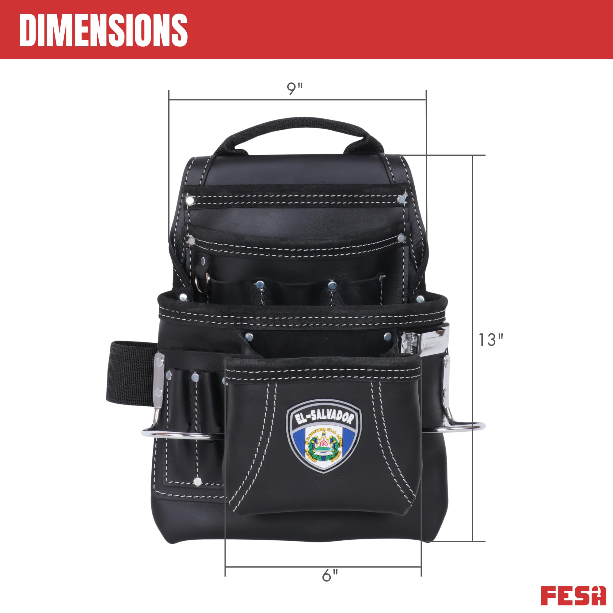 FESA Sac à outils en cuir – 10 poches en cuir pleine fleur avec 2 boucles pour marteau, grandes et petites poches – Convient aux ceintures de travail jusqu'à 7,6 cm – Fait à la main – Motif campagnard