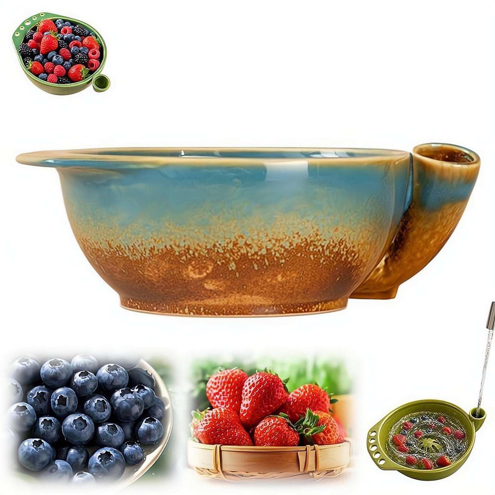 Self-Spinning Berry Washing Bowl, Ceramic 360° Swirl Colander Bowl, Quick Water-Powered Rinser for Berries, Vegetables & Serving