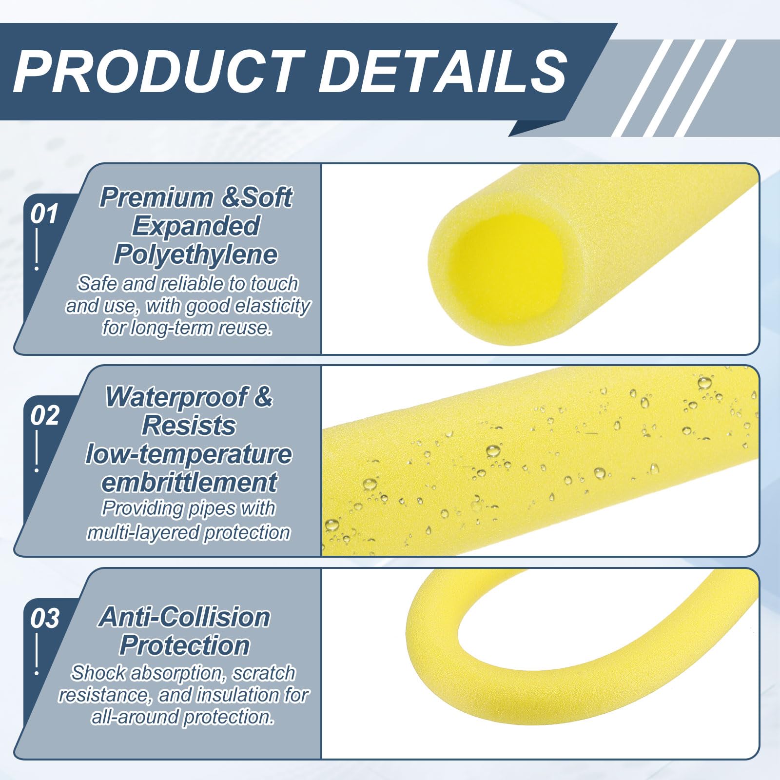 QUARKZMAN 3pcs Tubo de Espuma, Aislamiento Cubierta de Tuberías Tubo Aislante Enrollable para Congelamiento Protección Calor Conservación Fontanería, 50mm x 70mm x 1M (ID*OD*L), Amarillo