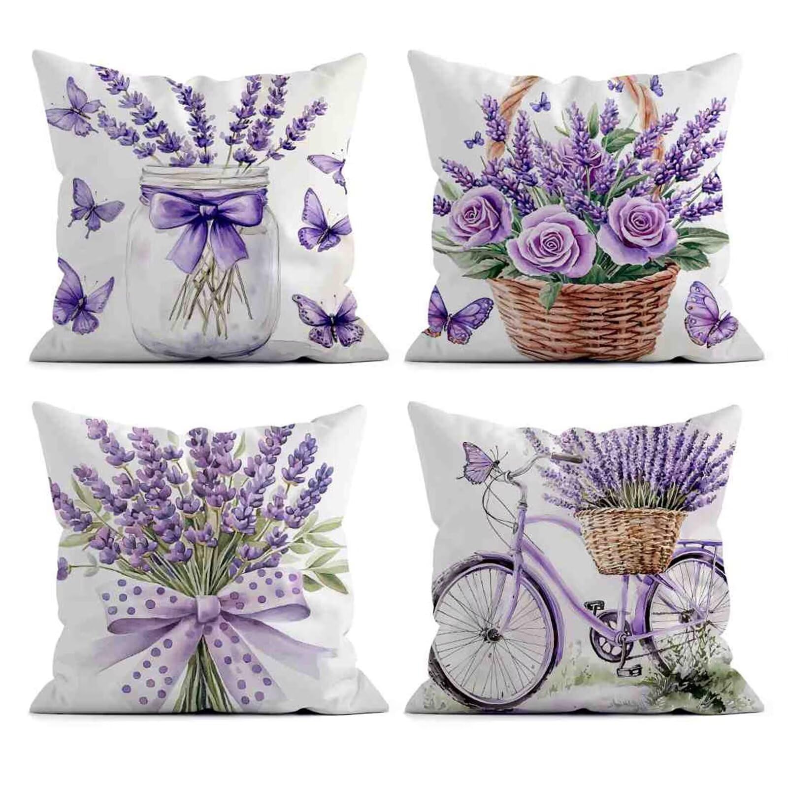Heaen Outdoor Cushions Covers Waterproof 35x35 cm Set of 4 Square Linen Pillow Cases Purple Butterfly Lavender Decorative Dushions for Sofa Porch Patio Home Decor