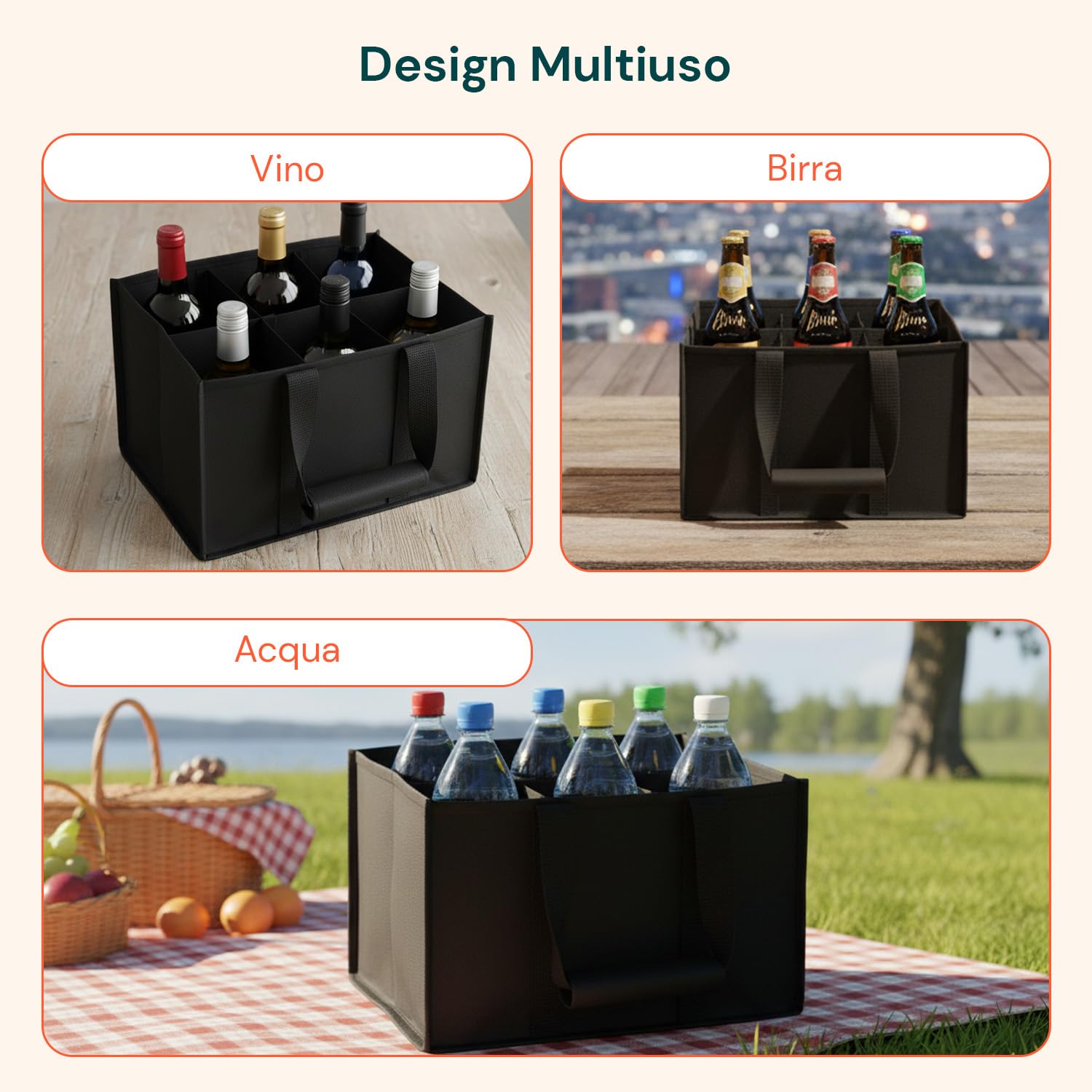 Avilia Porta Bottiglie Set 3 Borse – Portabottiglie Acqua Vino Birra 6 Bottiglie 1,5L, Borsa Porta Bottiglie Impermeabile Oxford, Struttura Rigida Antiurto, Riutilizzabile Ecologica, Picnic Spesa