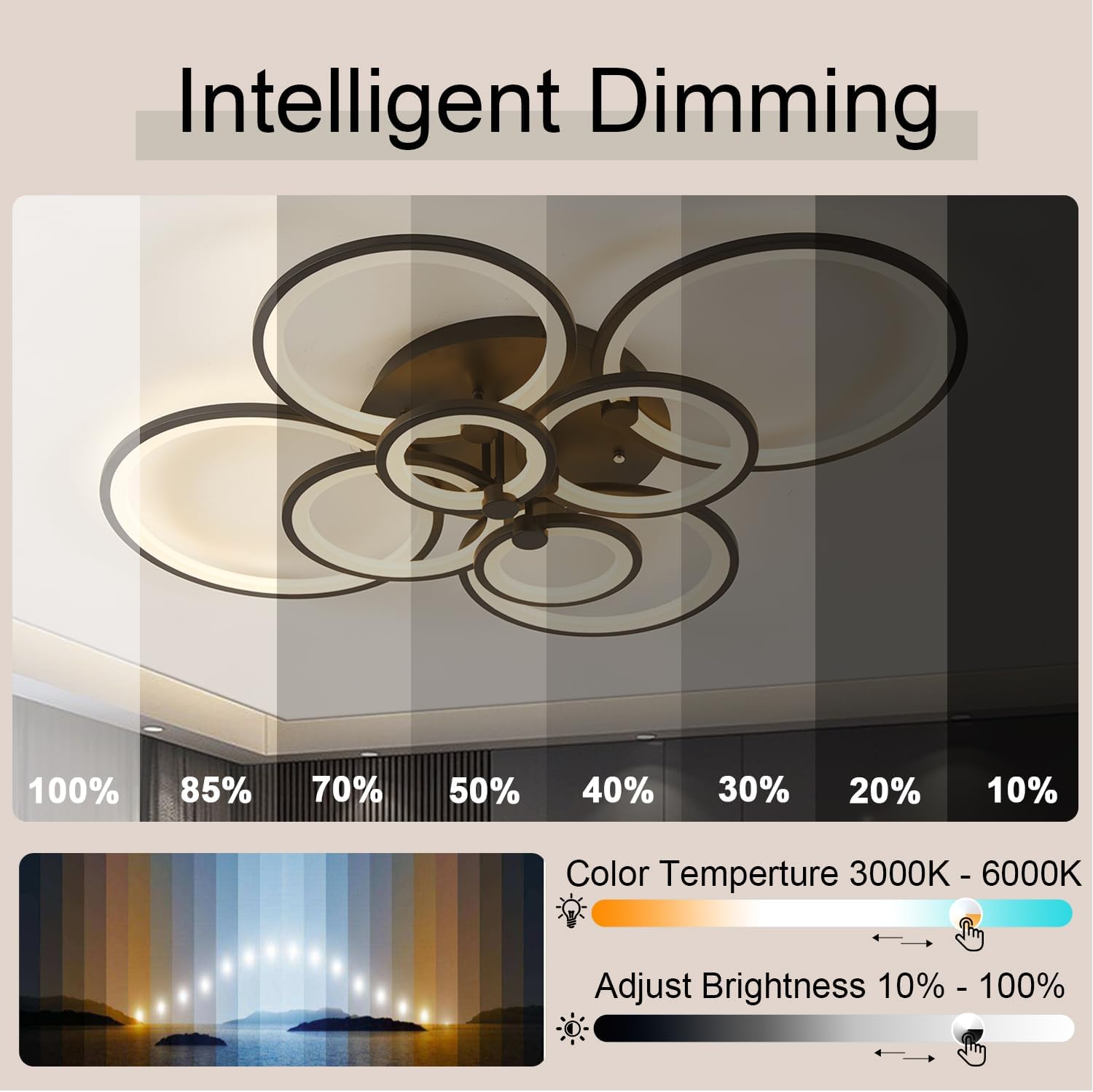 Modern LED Ceiling Light Dimmable Flush Mount Modern Ceiling Light Fixture Living Room 8 Rings for Kitchen with Remote Controller