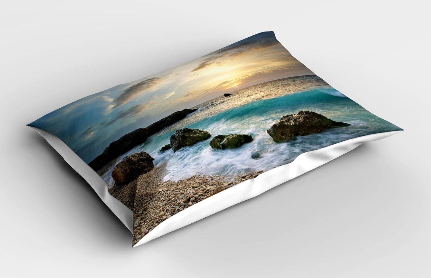 Ambesonne Ocean Pillow Sham Set of 2, Seascape Composition of Nature Rocks Waves Cloudy Sky Rising Sun Beach Photo, Quality Microfiber Bedding Item for All Seasons, 30" x 20", Brown Blue