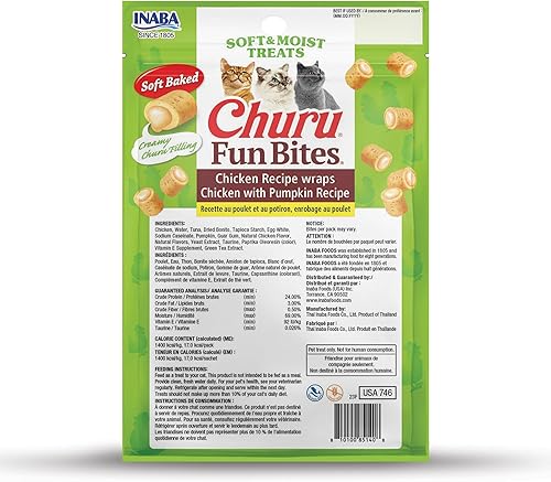 Miniatura 10 de INABA Churu Fun Bites for Cats - Golosinas suaves y masticables para gatos envueltas con pollo horneado con taurina, 0.42 onzas cada tetra, 18