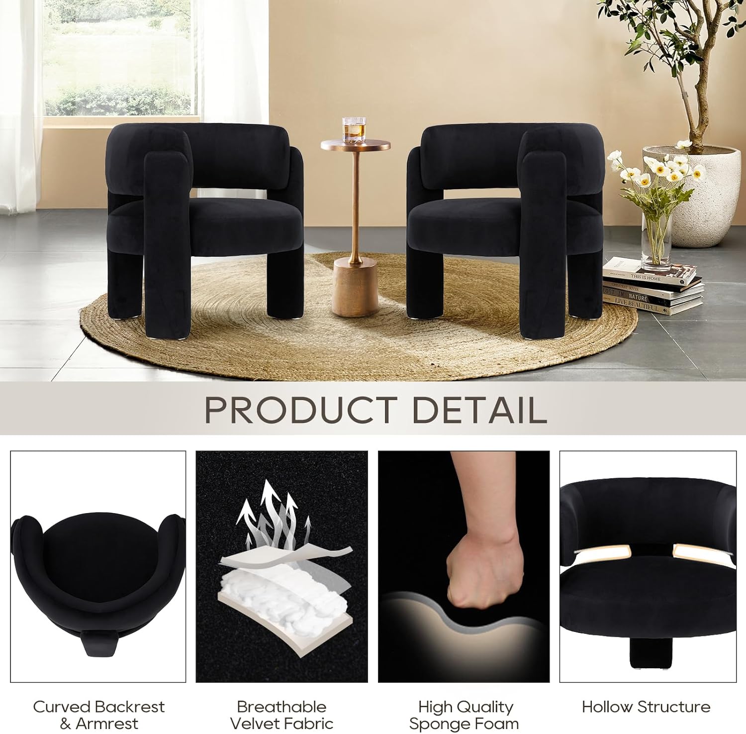 COLAMY Modern Velvet Accent Chairs Set of 2, Upholstered Barrel Chairs, Comfy Side Arm Chairs with 3 Legs for Living Room, Bedroom, Reading, Black