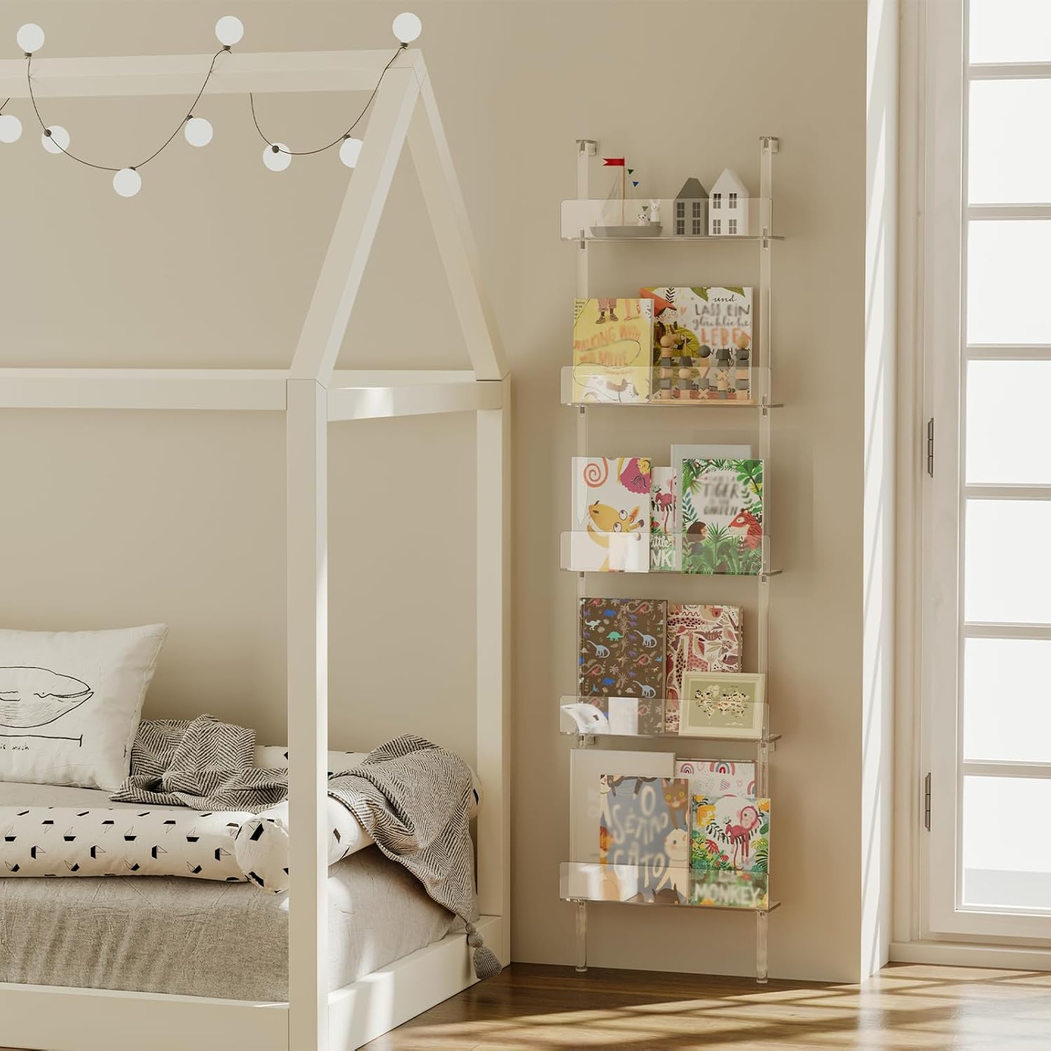 5-Tier Narrow Acrylic Bookshelf, 3.9" D x 15.8" W, Space-Saving Slim Storage Book Shelf for Living Room, Bedroom, Office, Clear Bookcase, Modern, Easy Assembly