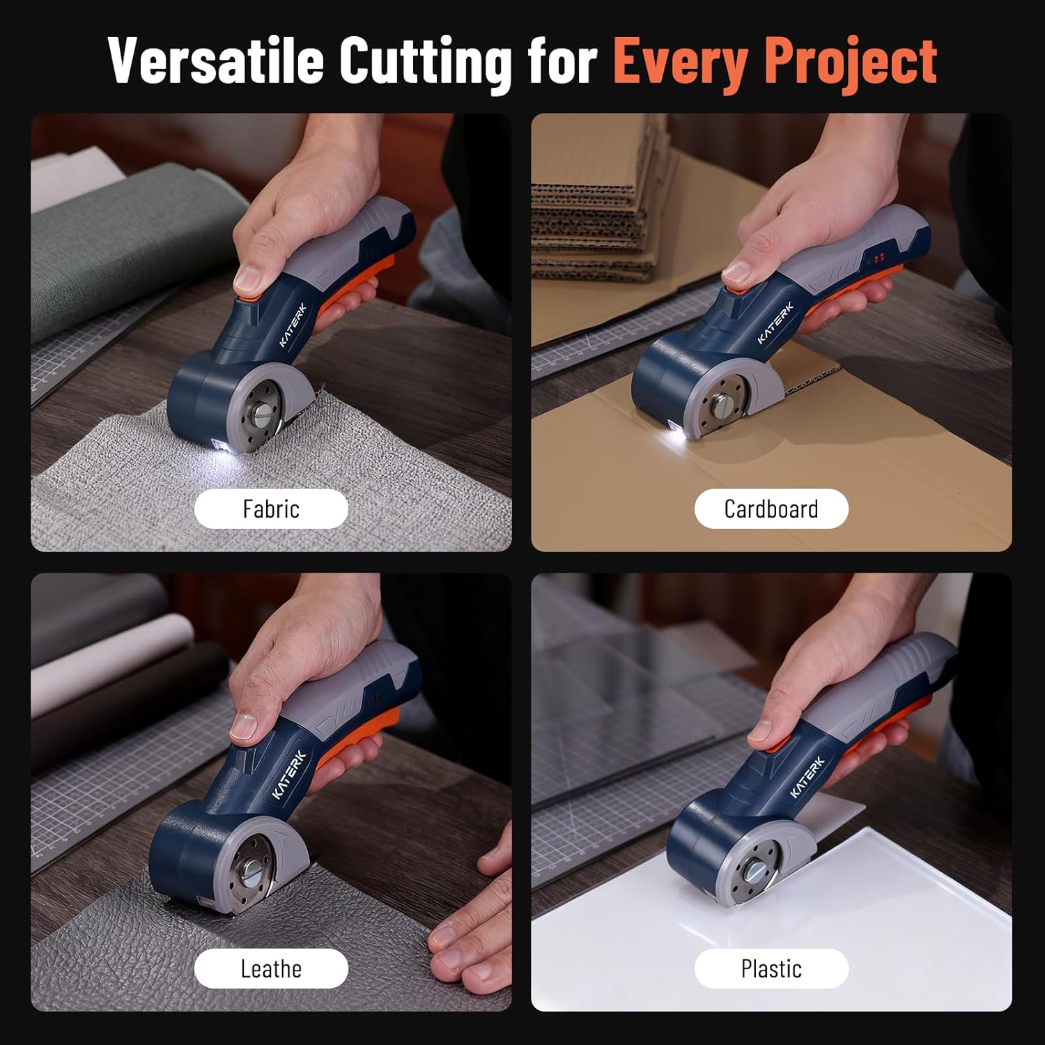 Electric Box Cutter, Katerk Cordless Electric Scissors with Safety Lock & LED Light, Cardboard Cutter, Ambidextrous Use, Rotary Cutter for Fabric, Leather, Plastic, Crafting