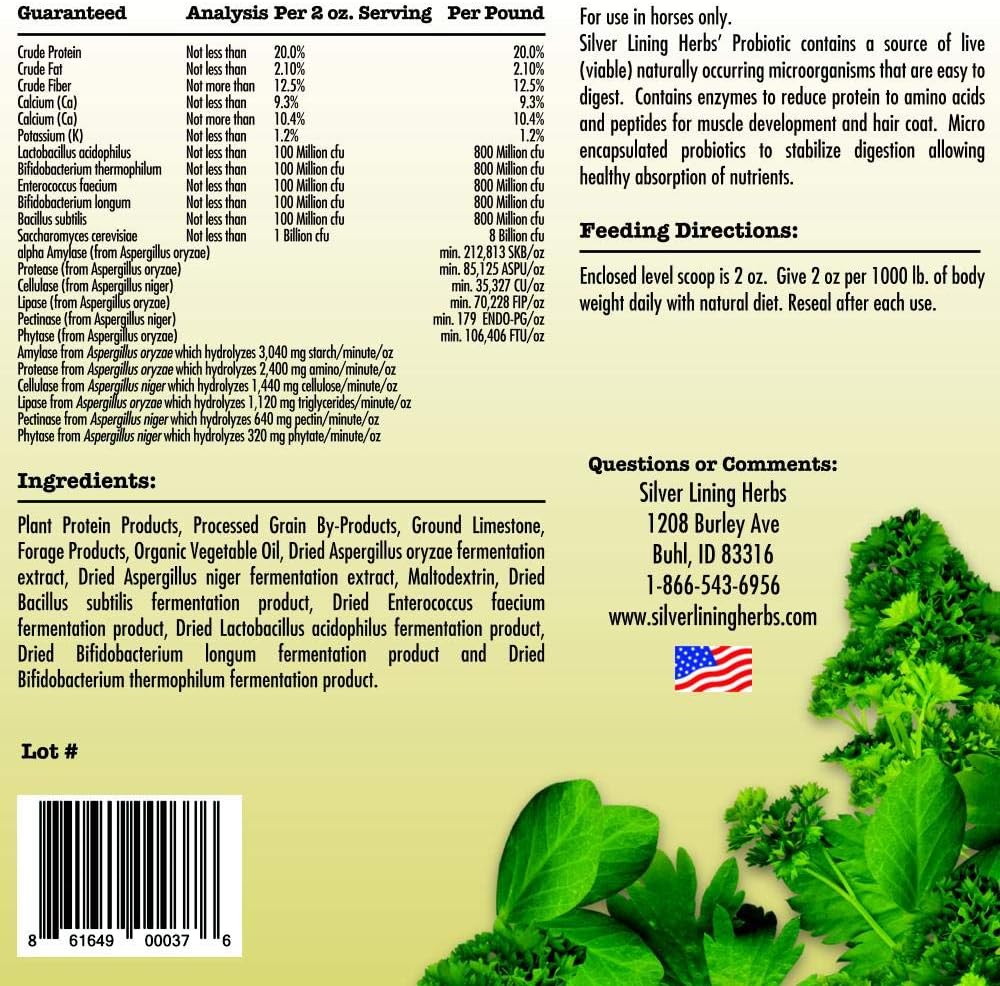 Silver Lining Herbs Horse Probiotic | Micro Encapsulated Probiotics for Equine Digestive Support and a Healthy Gut | Source of Beneficial Bacteria and Enzymes | 7 Pound Resealable Bag | Made in USA : Pet Supplies