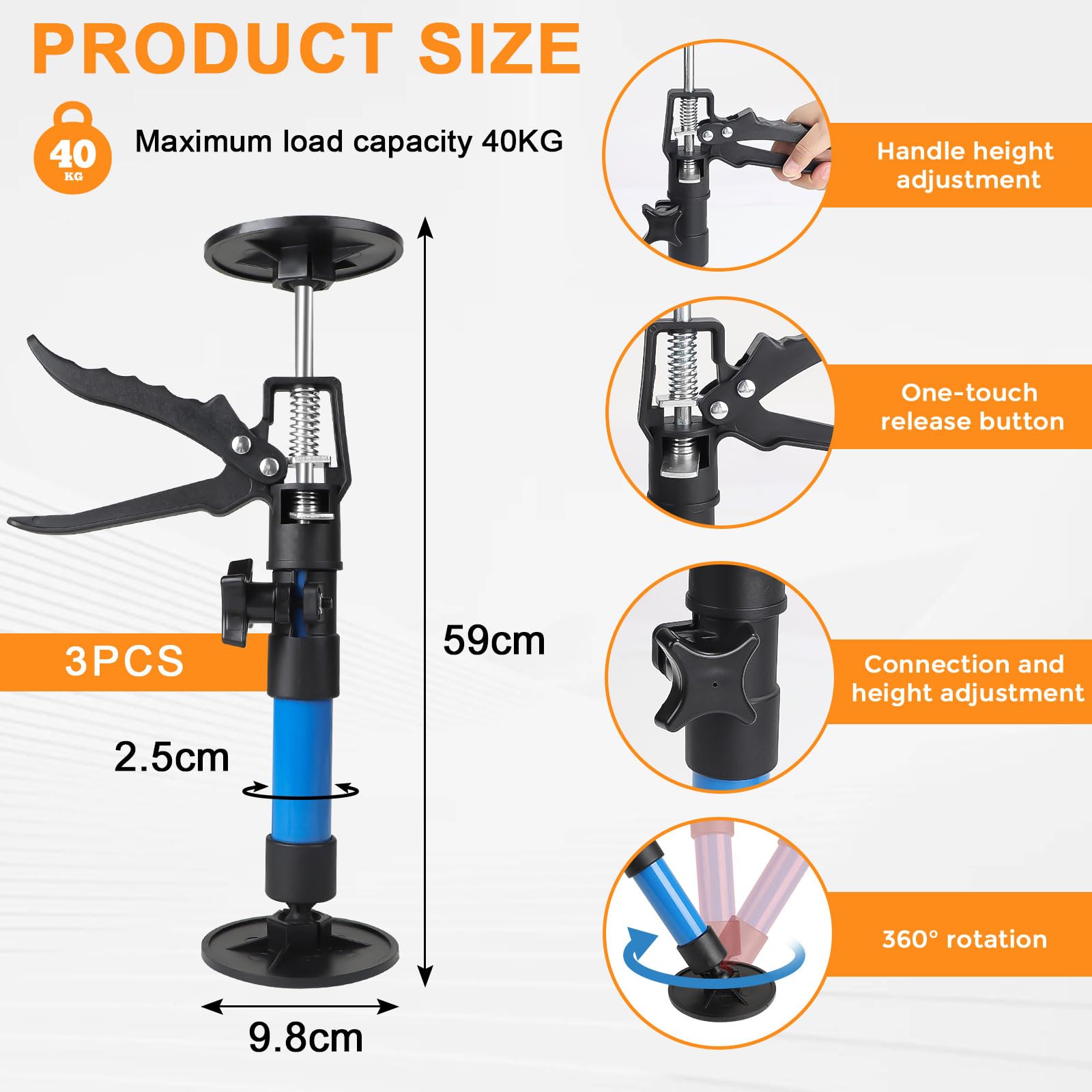 3 Piezas Puntal Telescopico, Puntales Extensibles Techo, Soporte Telescópico, Puntal Expansión, Capacidad de peso 40KG, Estiramiento 30-59 cm, para Apoyar Marcos de Puertas, Armarios