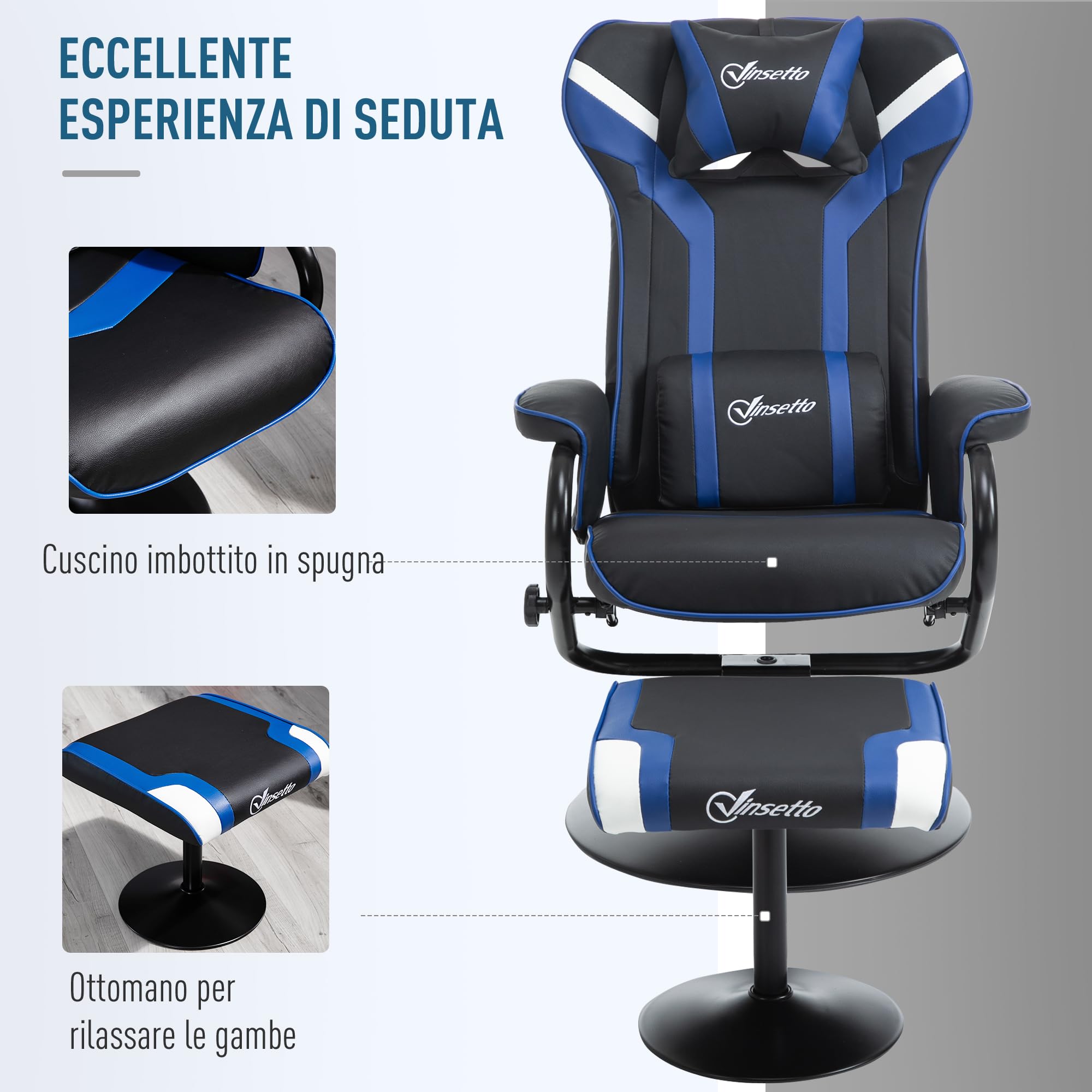 Vinsetto Set 2 Pezzi Poltrona Gaming Reclinabile con Sgabello Poggiapiedi, Inclinazione 130° e Supporto Lombare, Nero e Blu Scuro