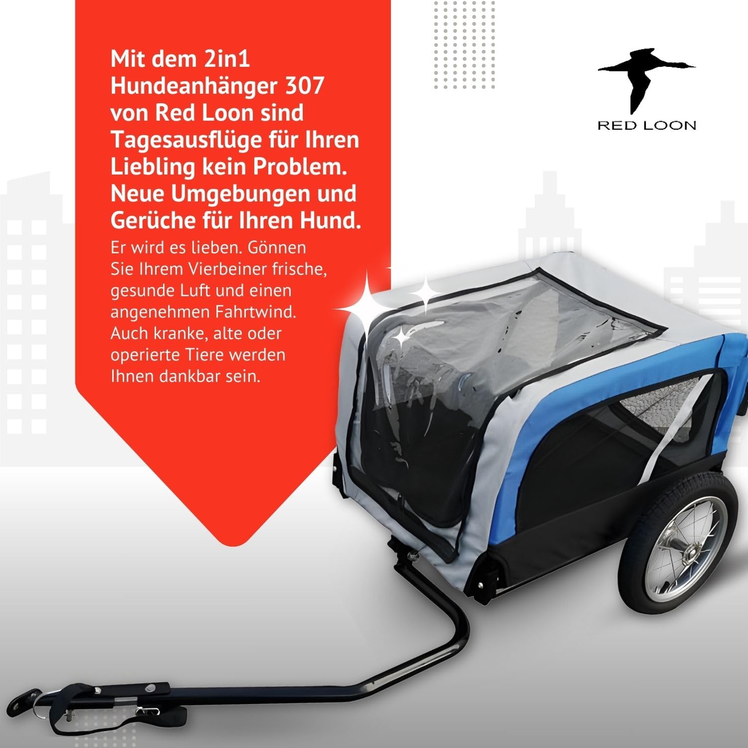 Hundeanhänger 2in1 Fahrradanhänger Hundetransporter - Red Loon Mini Anhänger & Jogger/Buggy blau - Radanhänger Fahrrad Transporter Hundebuggy - inkl. Fahne