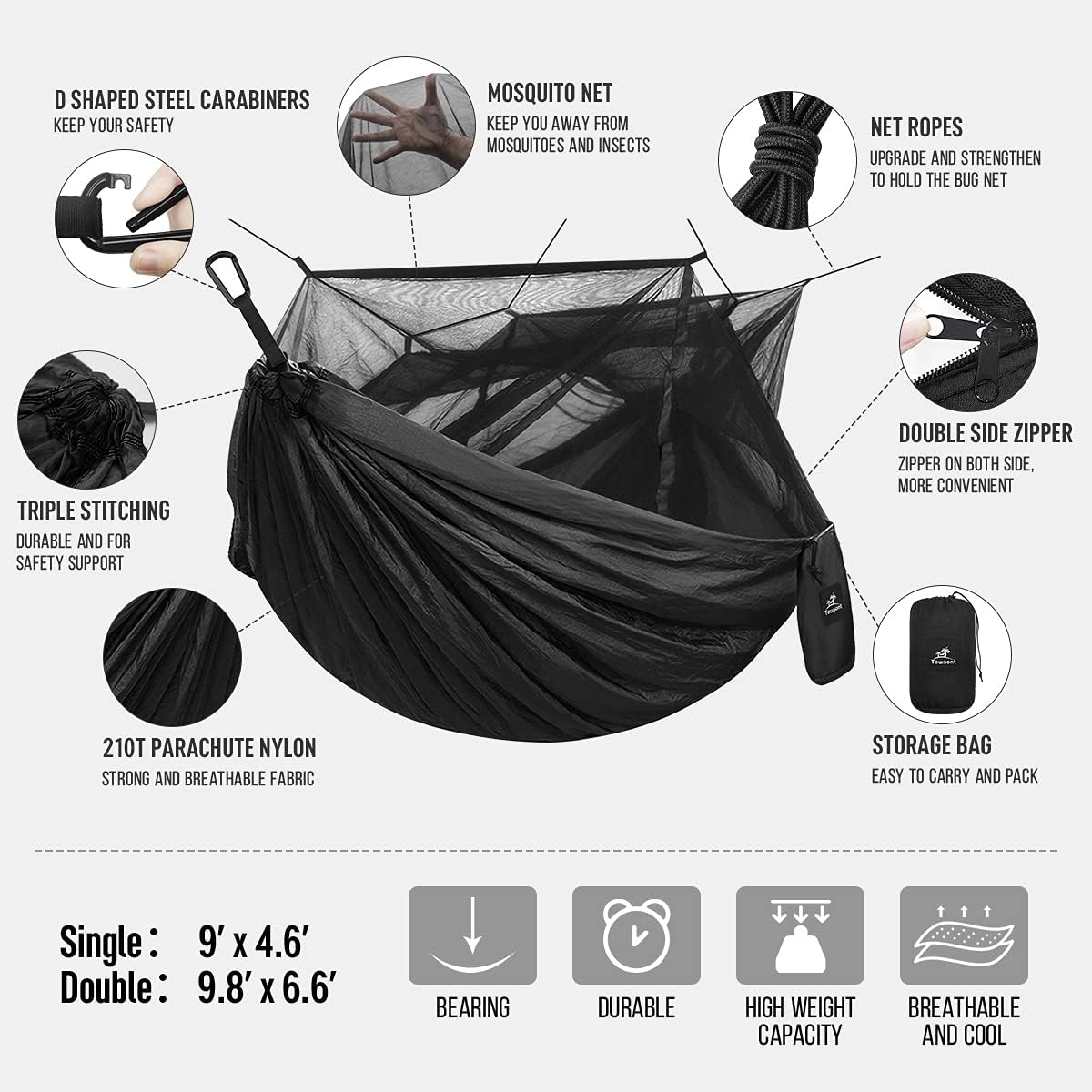Towsont Single & Double Camping Hammock with Mosquito/Bug Net, Portable Parachute Nylon Hammock with Tree Ropes : Patio, Lawn & Garden