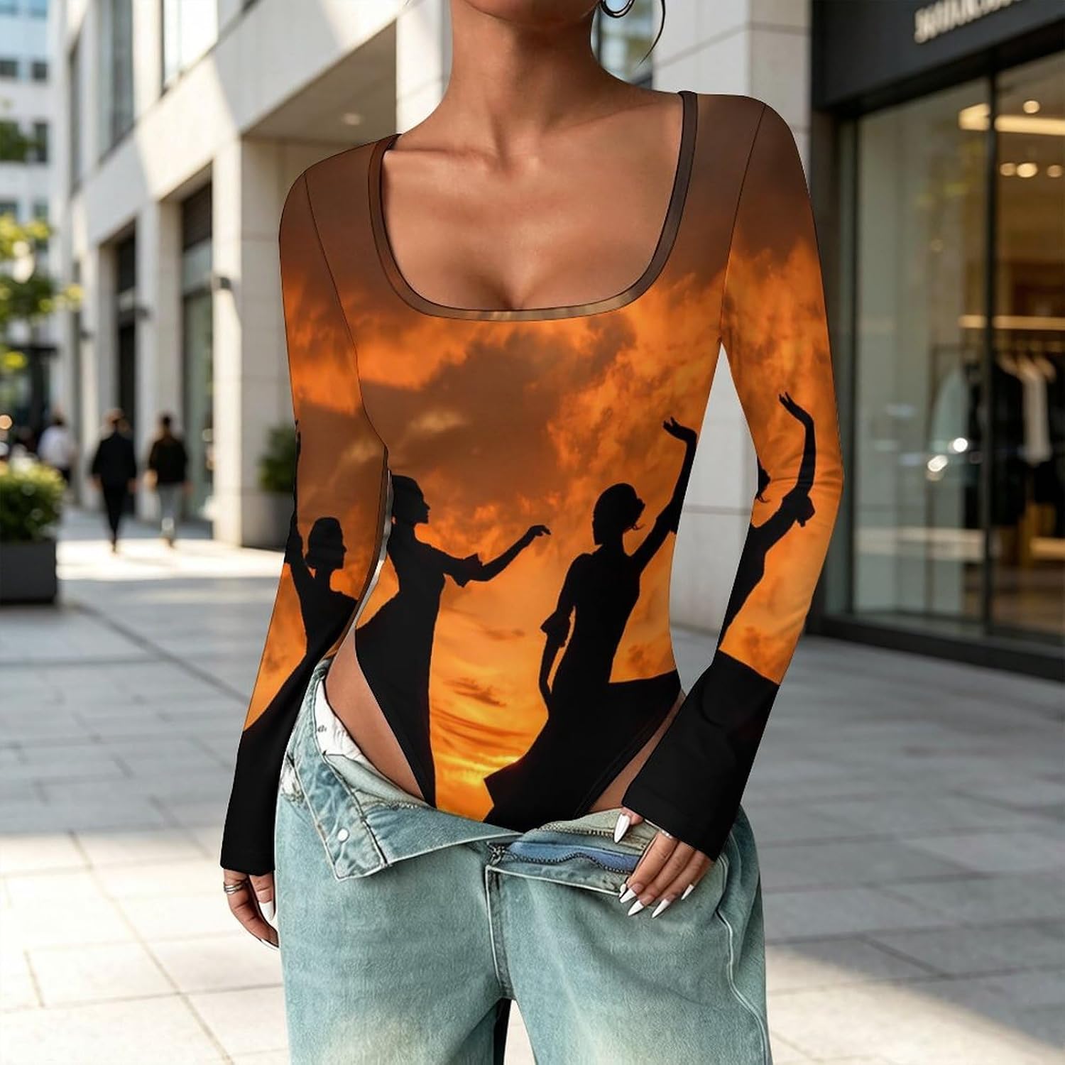 Women Dancing Flamenco Sunset Women's Bodysuits Long Sleeve Top 5XL