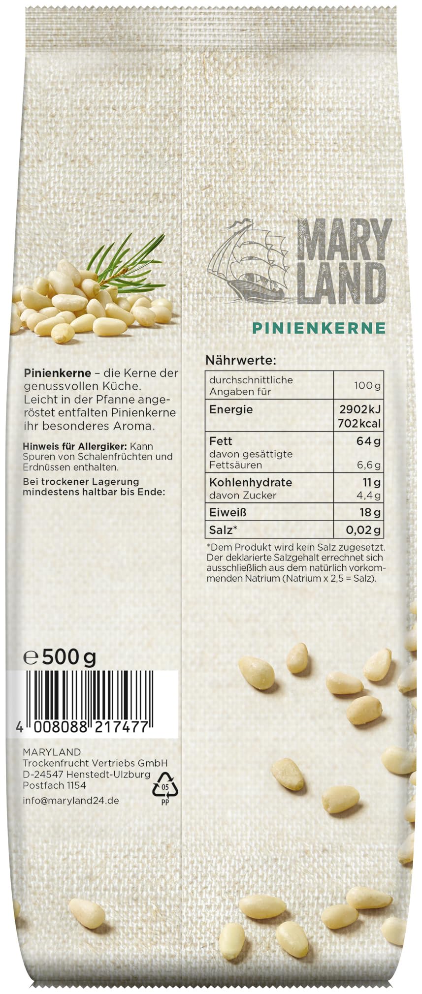 Maryland Pinienkerne 500g Beutel 5er Pack – Pinienkerne naturbelassen, vegan, frei von künstlichen Aromen, ohne Zusatzstoffe – Im Großformat genießen (5 x 500g)