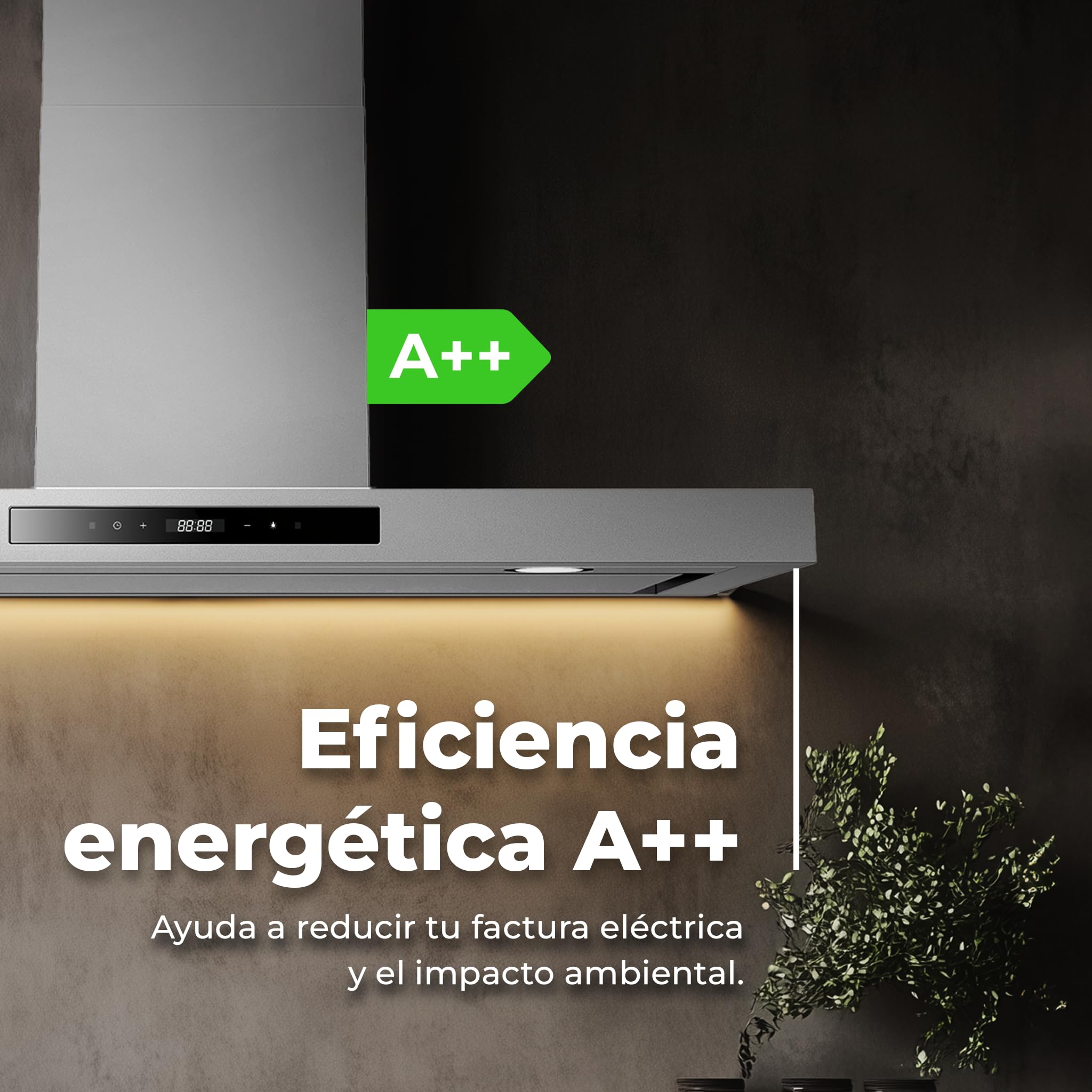 EVVO Campana Extractora 90 cm Decorativa, Potencia 800 m³/h, Control Táctil y Gestual, Filtro de Aluminio y Carbón Activo, Eficiencia Energética A++ — view 4