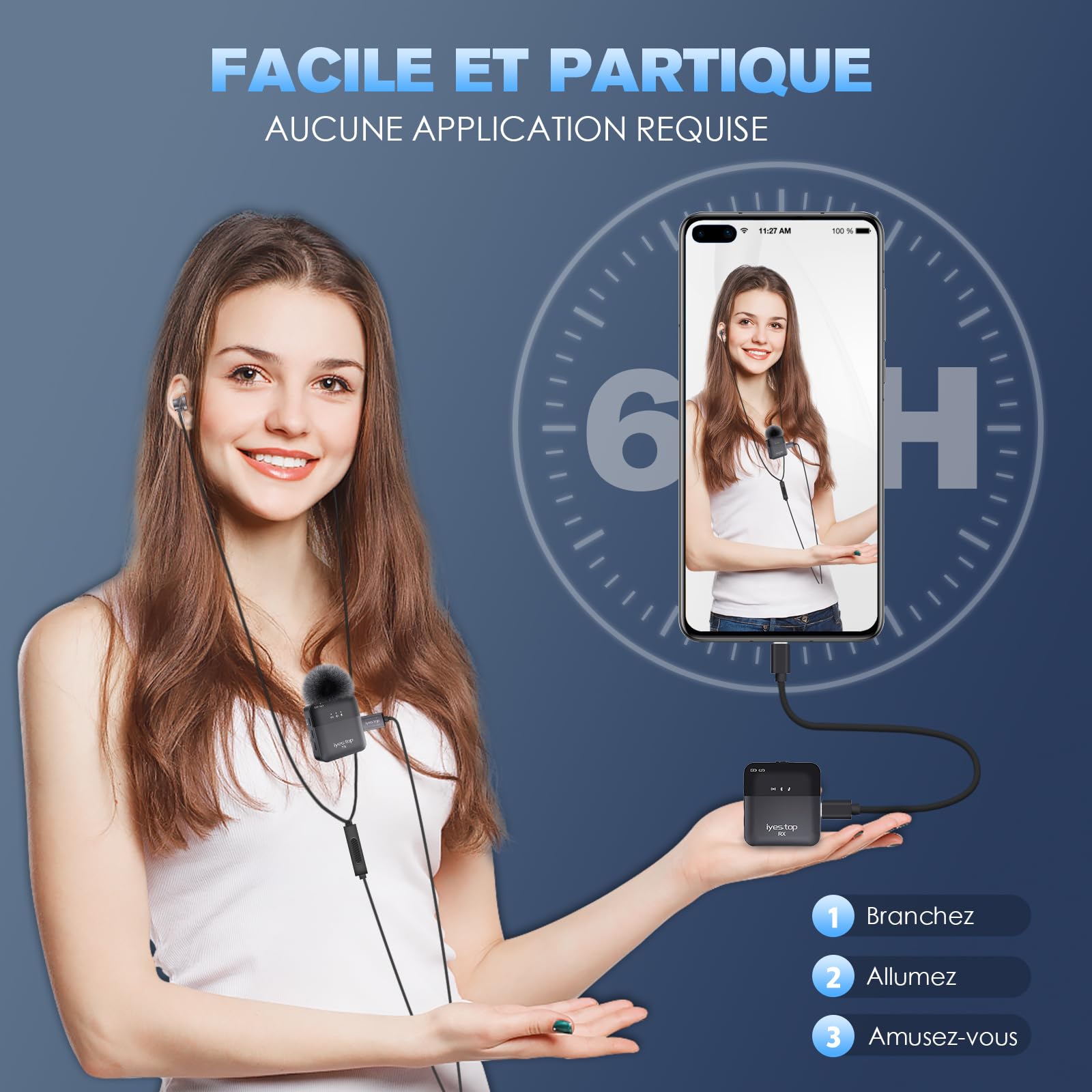 Micro Cravate sans Fil pour iPhone/iPad/USB C Smartphone, Mini Wireless Bluetooth Microphone avec Surveillance en Temps Réel/Public, Ducking Audio, Sourdine - Micro Cravate pour Vlog, Youtube, TikTok