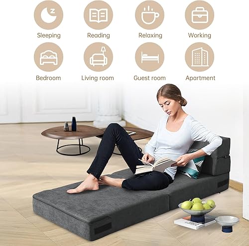 Miniatura 8 de Sofá cama plegable de tamaño individual con almohada de espuma viscoelástica, silla convertible para suelo, futón perezoso para sala de estar,