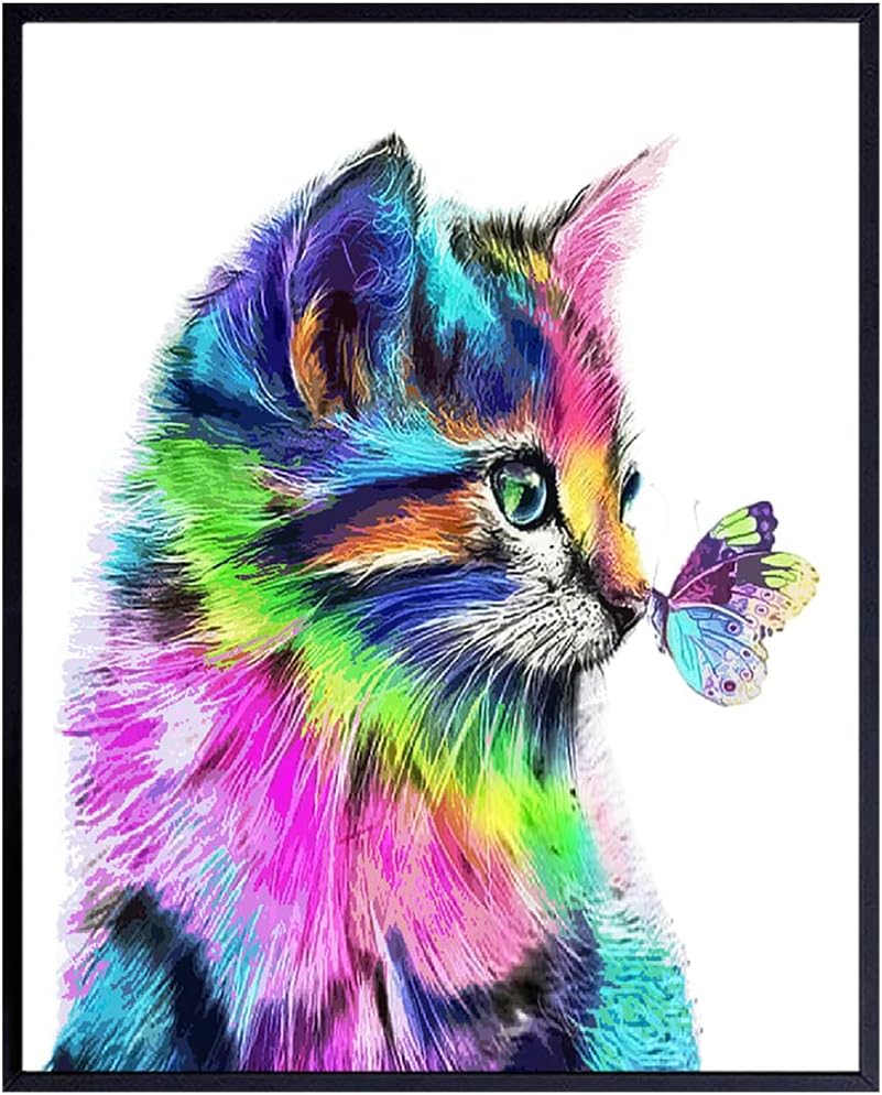 Butterfly Cat Wall Art & Decor - Cat Wall Decor - Cat Lover Gifts for Women Woman Girl - Little Girls Bedroom Toddler Baby Room decoration - Daughter Gift - Nursery Decor UNFRAMED Cute Cat Poster 8x10