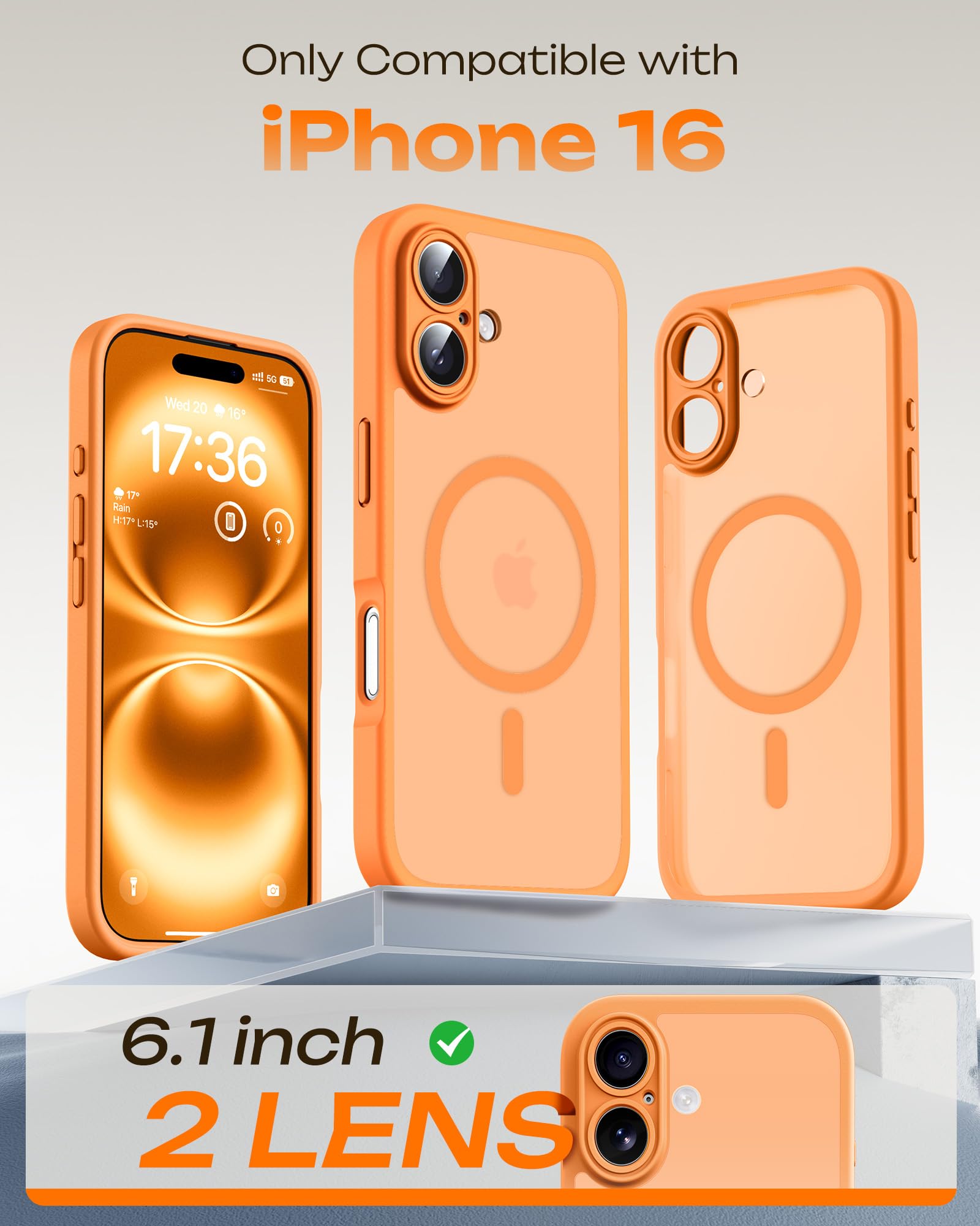 TOCOL Cover Magnetica per iPhone 16 6,1 Pollic, Compatibile con MagSafe, Protezione Fotocamera Integrata, Custodia Antiurto Traslucida Opaca, Arancione