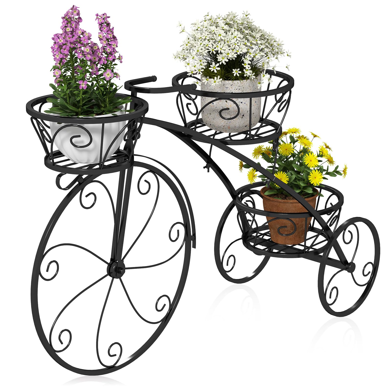 GOPLUS Soporte para Plantas en Forma de Bicicleta, Soporte Metálico para Macetas con 3 Cestas Huecas, Elegante Jardinera de Pie de Estilo Parisino Vintage para Patio, Jardín, Terraza (Negro)