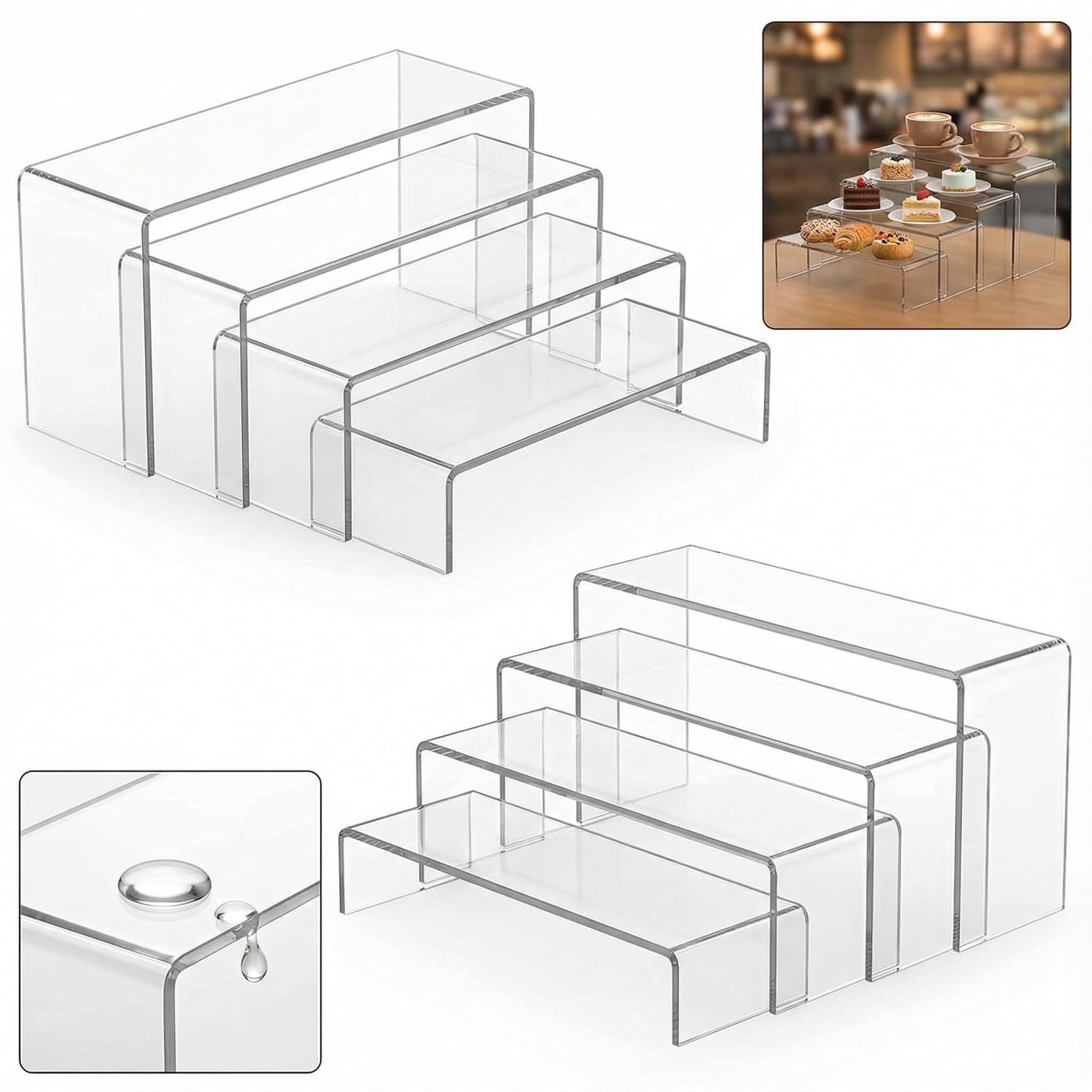 YOZAIUUI 8PCS Clear Acrylic Display Stand 4-Tier Transparent Rectangular Shelf Riser Tiered Display Stand for Collectibles Pop Figures Dessert Perfume Acrylic Riser Shelf